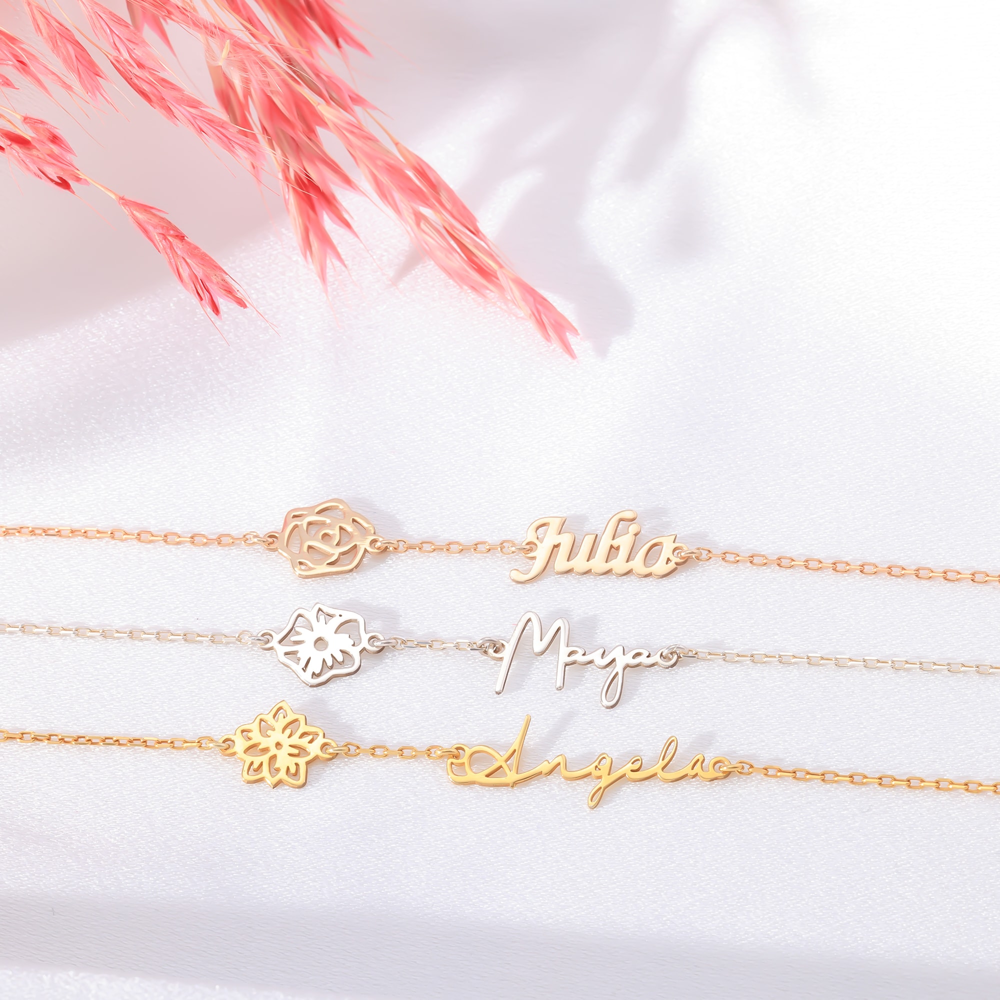 Kişiye Özel Doğum Çiçekli İsim Bileklik - Doğum Ayınızın Çiçeği, İsminizle Buluştu - Özel Tasarım Gümüş