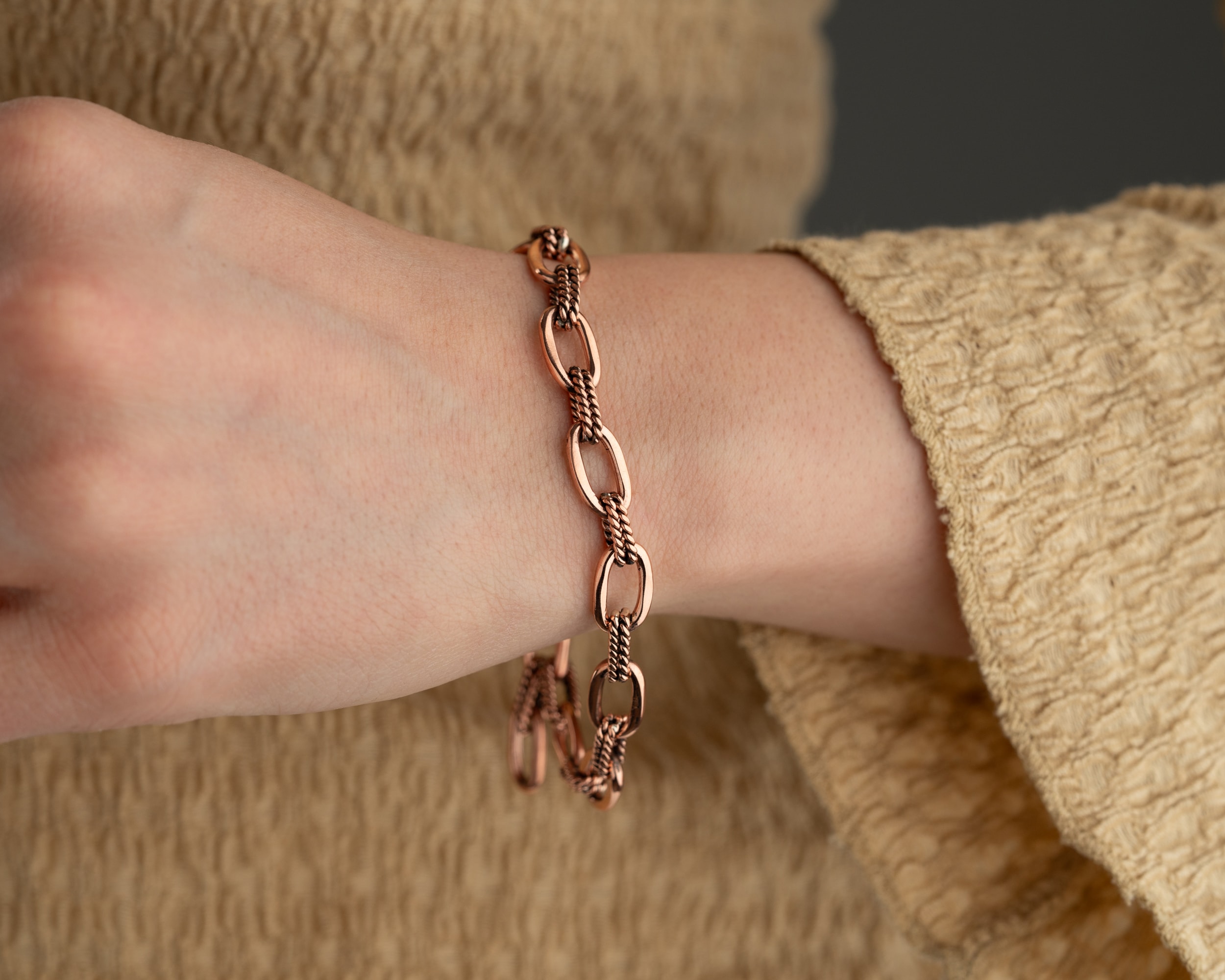 El İşçiliği Bakır Zincir Bileklik - Özel Tasarım Takı - %100 Saf Bakır Bileklik