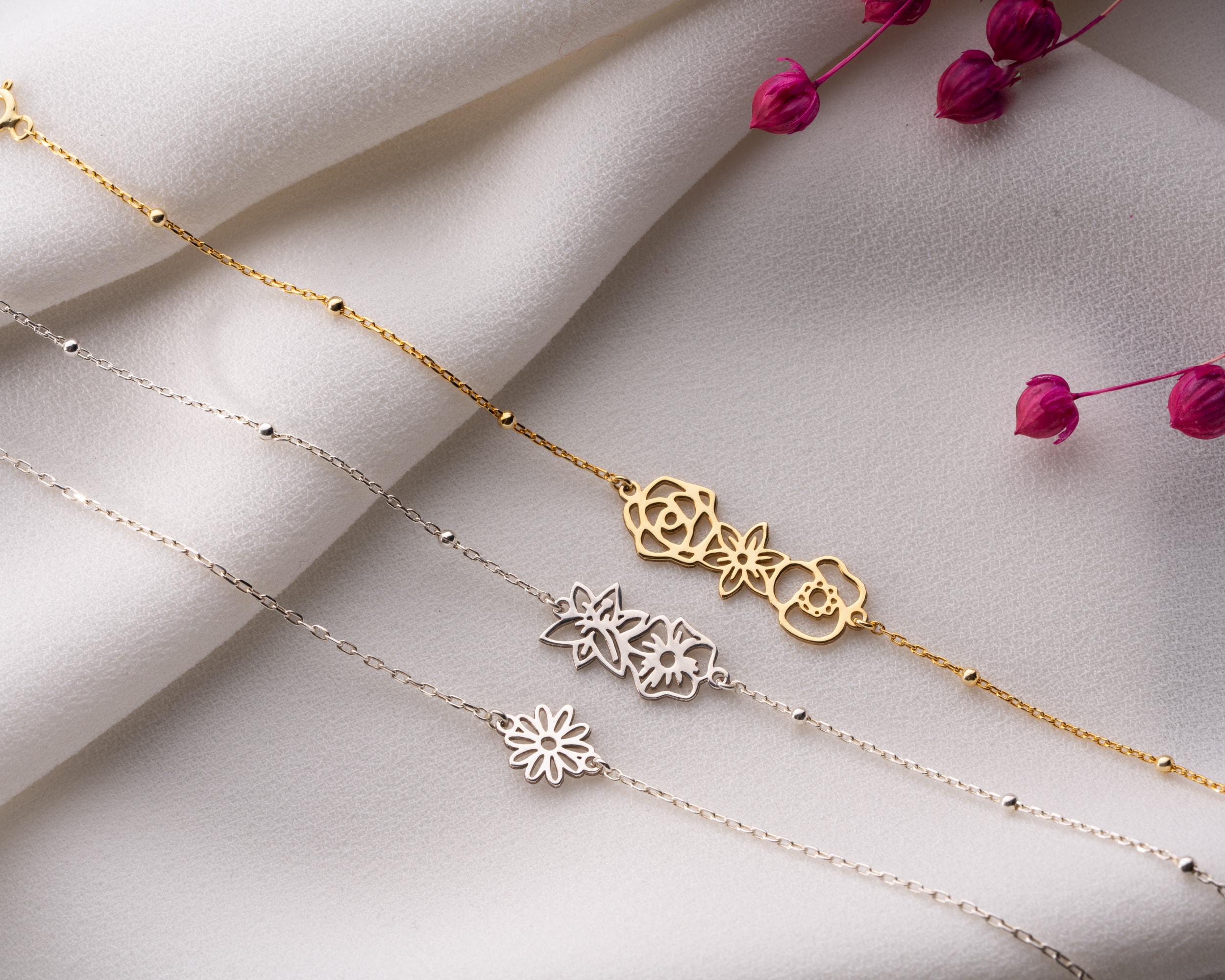 Doğum Çiçekli Bileklik – Top Zincir veya Forse Zincir Seçeneği