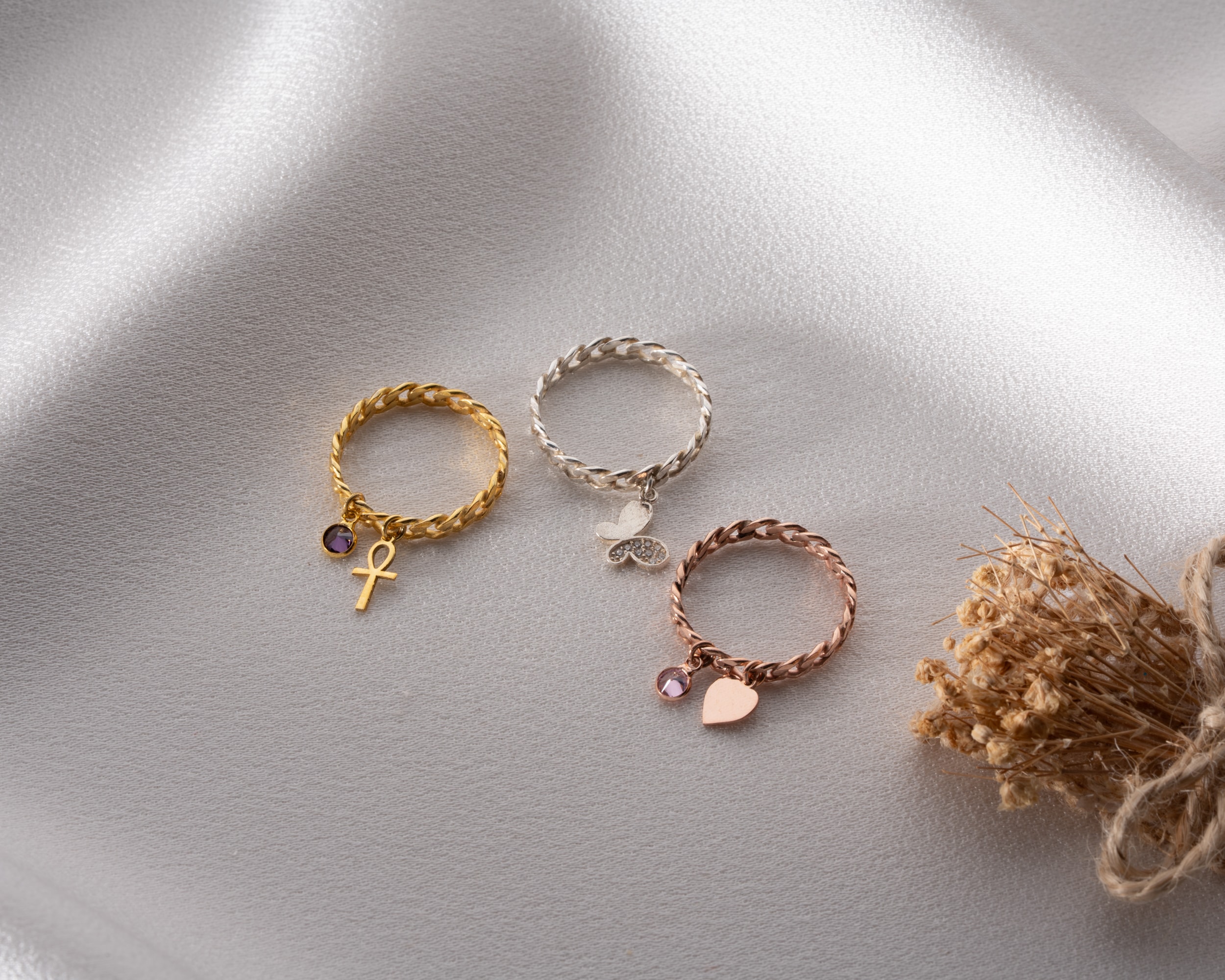 Doğum Taşlı Harfli Örgü Yüzük - Sembollü Charmlı 925 Ayar Gümüş Yüzük | AG Gold Silver Yüzük