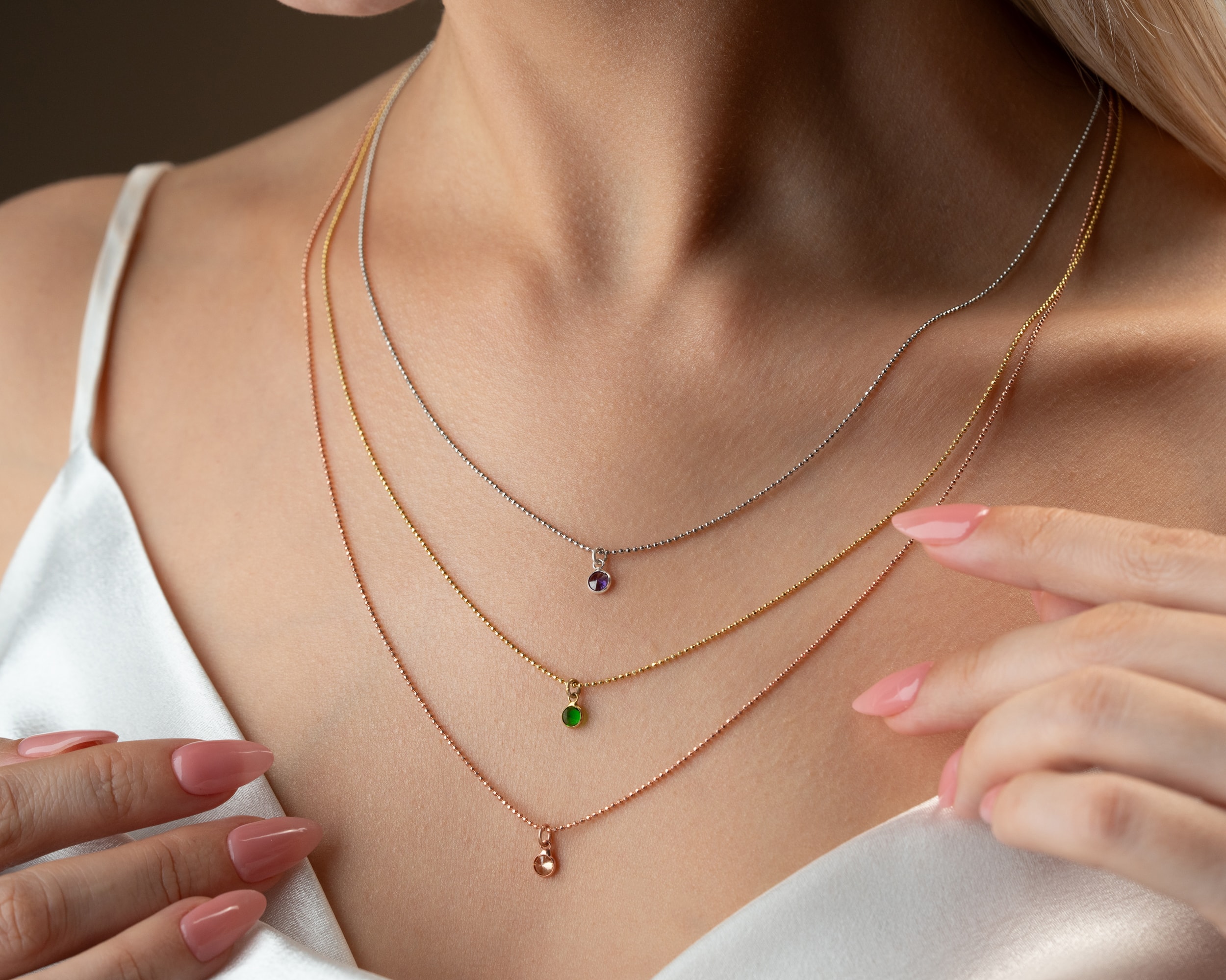 Doğum Taşlı 3 Katmanlı Kolye – Rose, Silver ve Gold Renkli 925 Ayar Gümüş