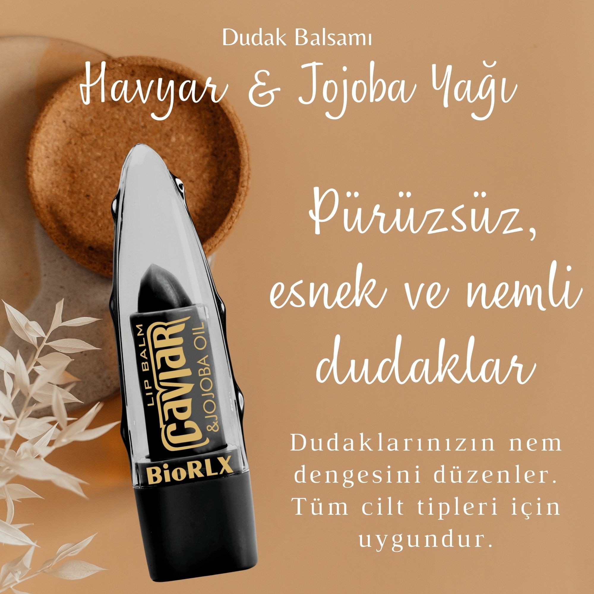 BioRLX Dudak Balmı Havyar & Jojoba Yağı Pürüzsüzleştirici Renksiz Nemlendirici Cilt Bakım (3,5g)