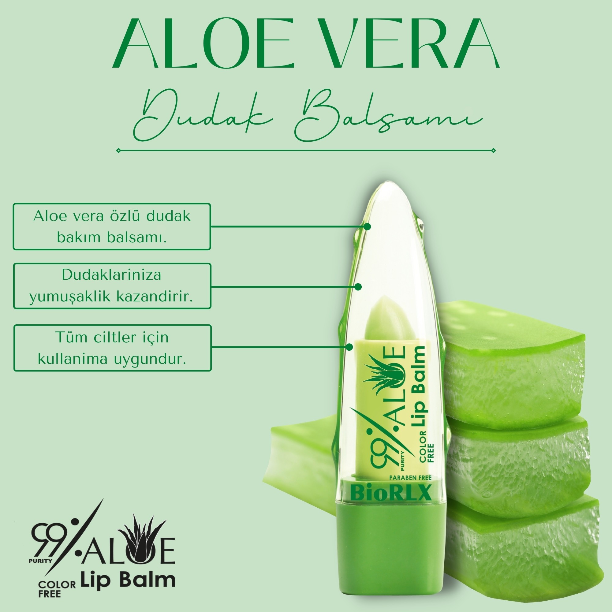 BioRLX Dudak Balmı %99 Aloe Vera Color Free Renksiz Nemlendirici Cilt Bakım (3,5g)