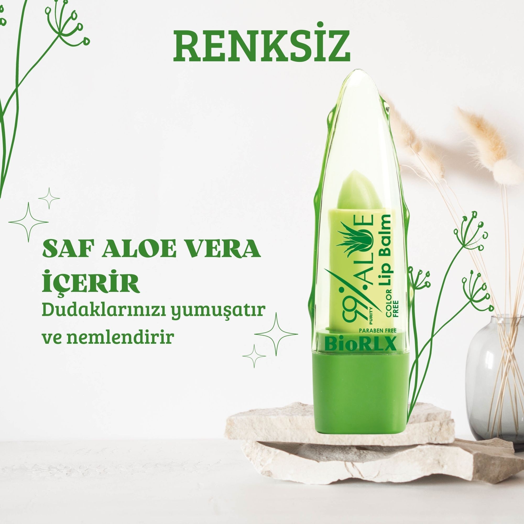 BioRLX Dudak Balmı %99 Aloe Vera Color Free Renksiz Nemlendirici Cilt Bakım (3,5g)