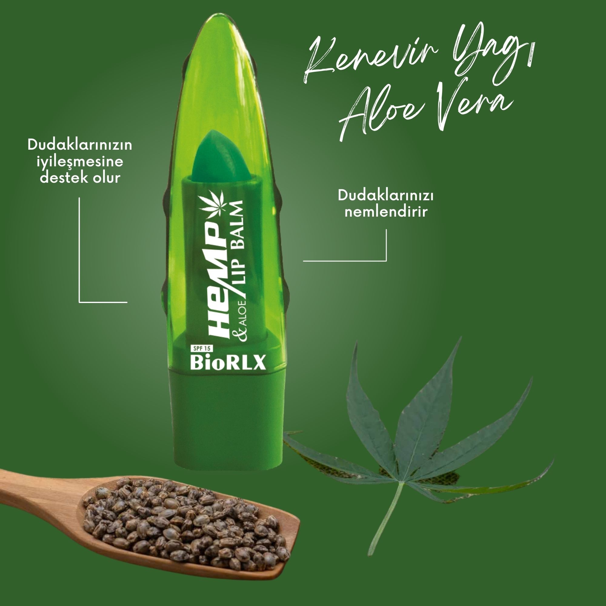 BioRLX Dudak Balmı Hemp Kenevir Yağlı Yatıştırıcı SPF15 UV Korumalı Cilt Bakım (3,5 g)