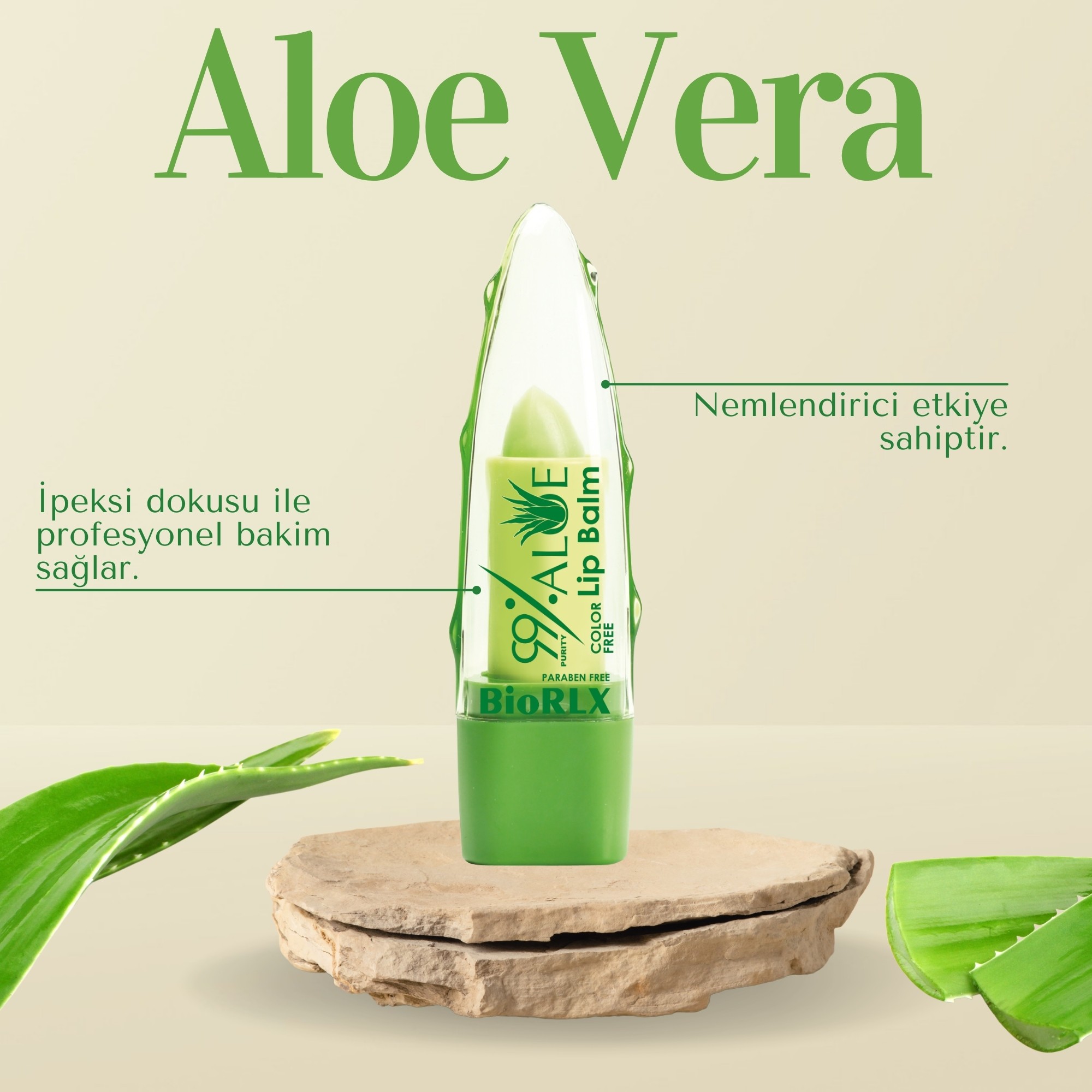 BioRLX Dudak Balmı %99 Aloe Vera Color Free Renksiz Nemlendirici Cilt Bakım (3,5g)