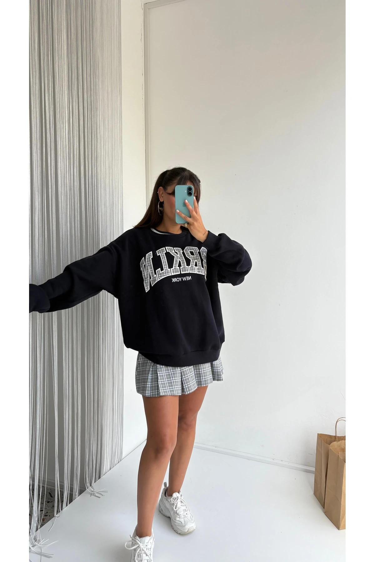 Gri Ekose Pileli Yüksek Bel Mini Etek