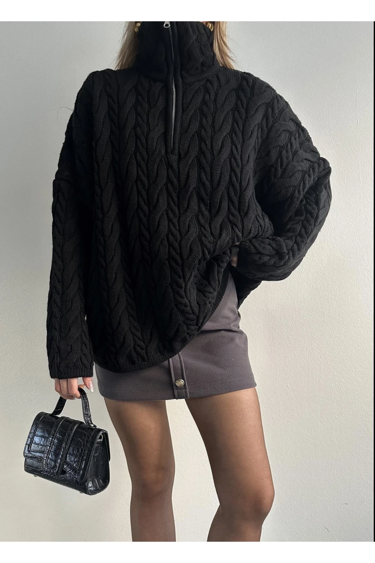 Saç Örgü Kazak Fermuarlı