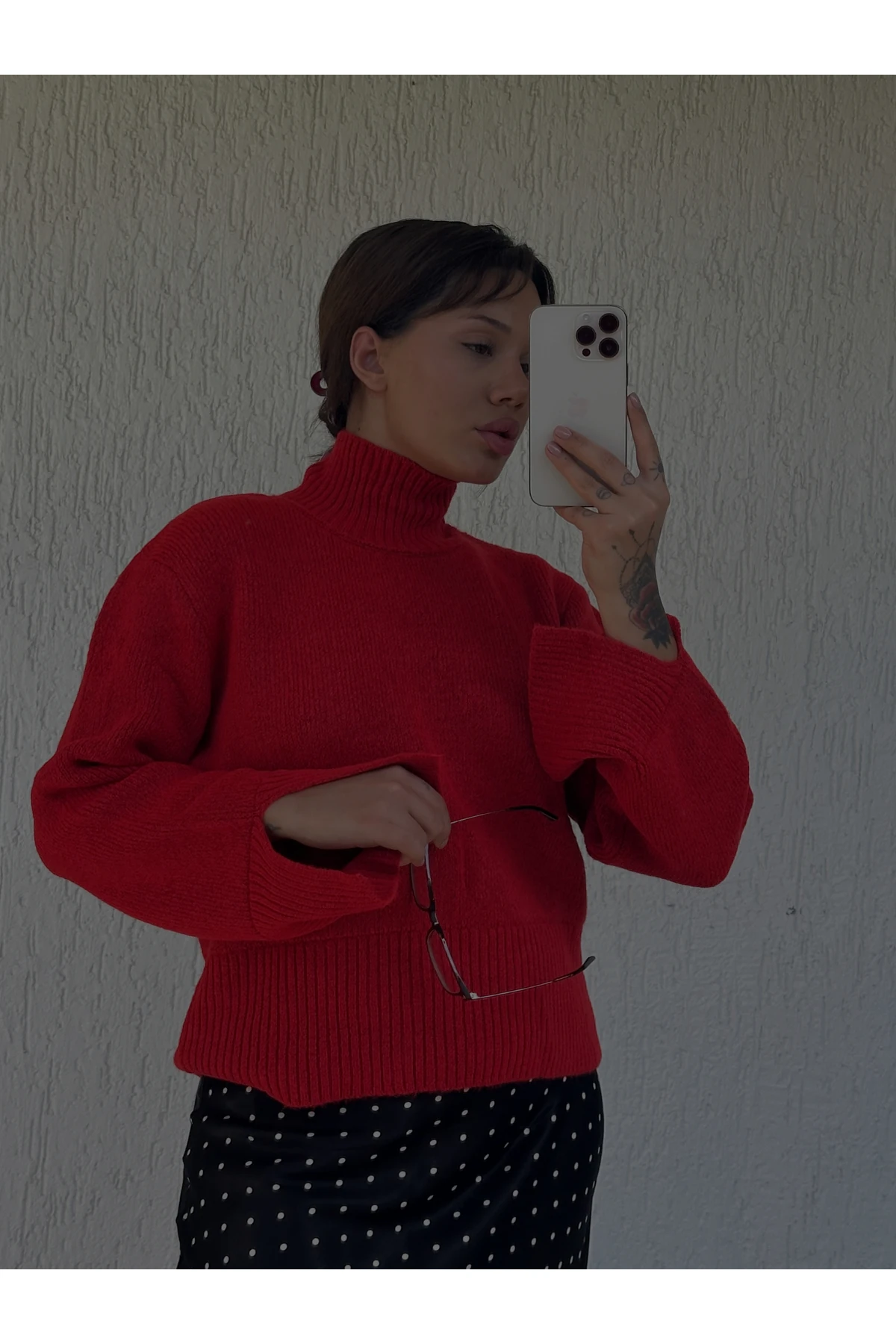 Kırmızı Balıkçı Yaka Kolu Yırtmaçlı Kazak