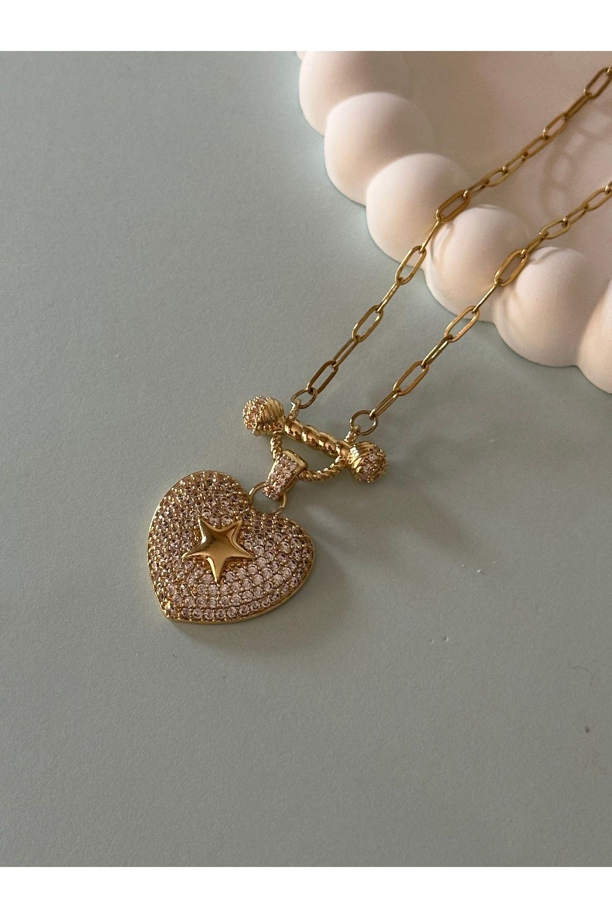 Çelik Kalp Plaka Üzeri Yıldız Detaylı Zirkon Taşlı Gold Kolye