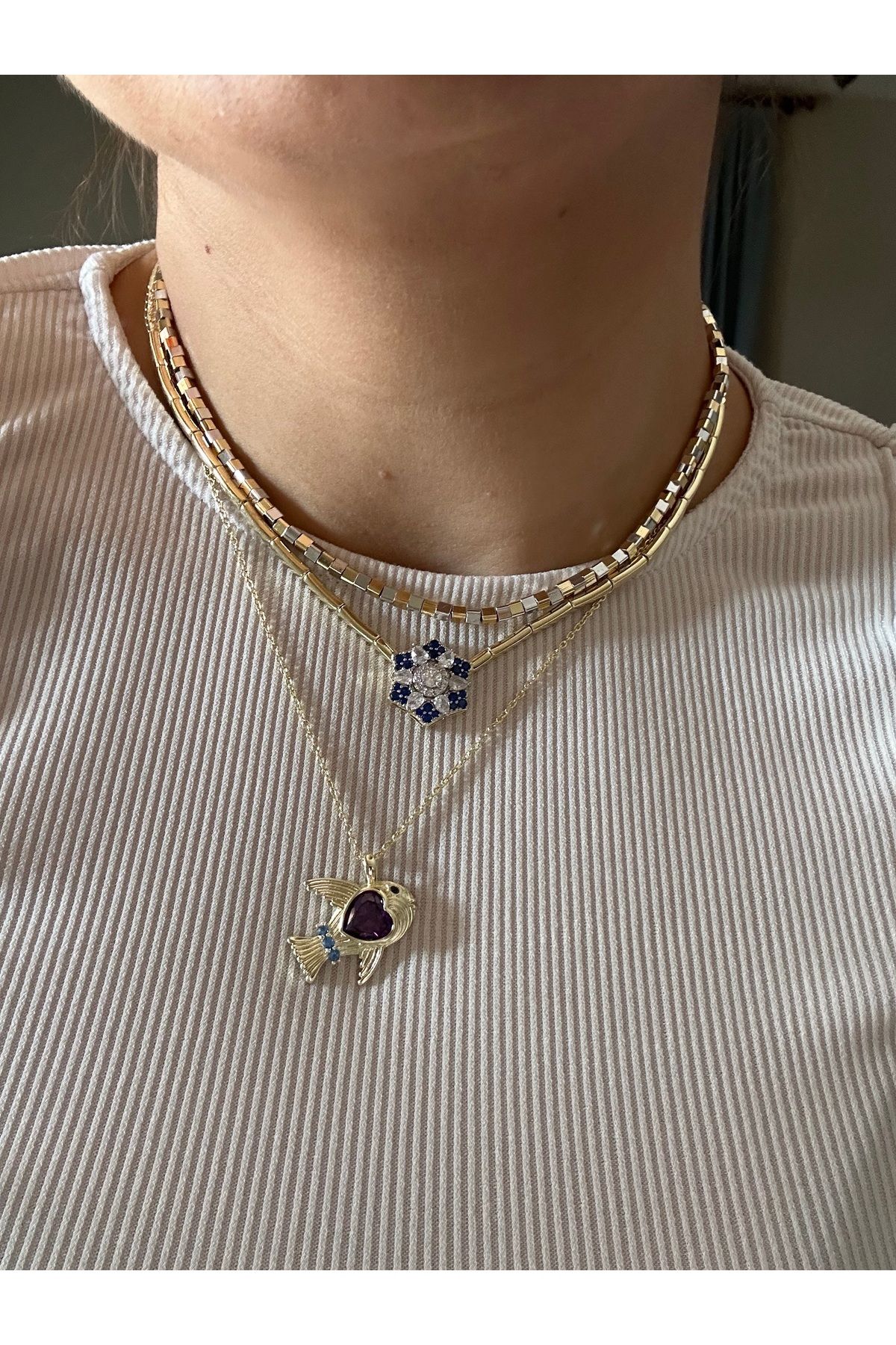 Özel Seri Renkli Kalp Taşlı Balık Kolye (50 Cm)