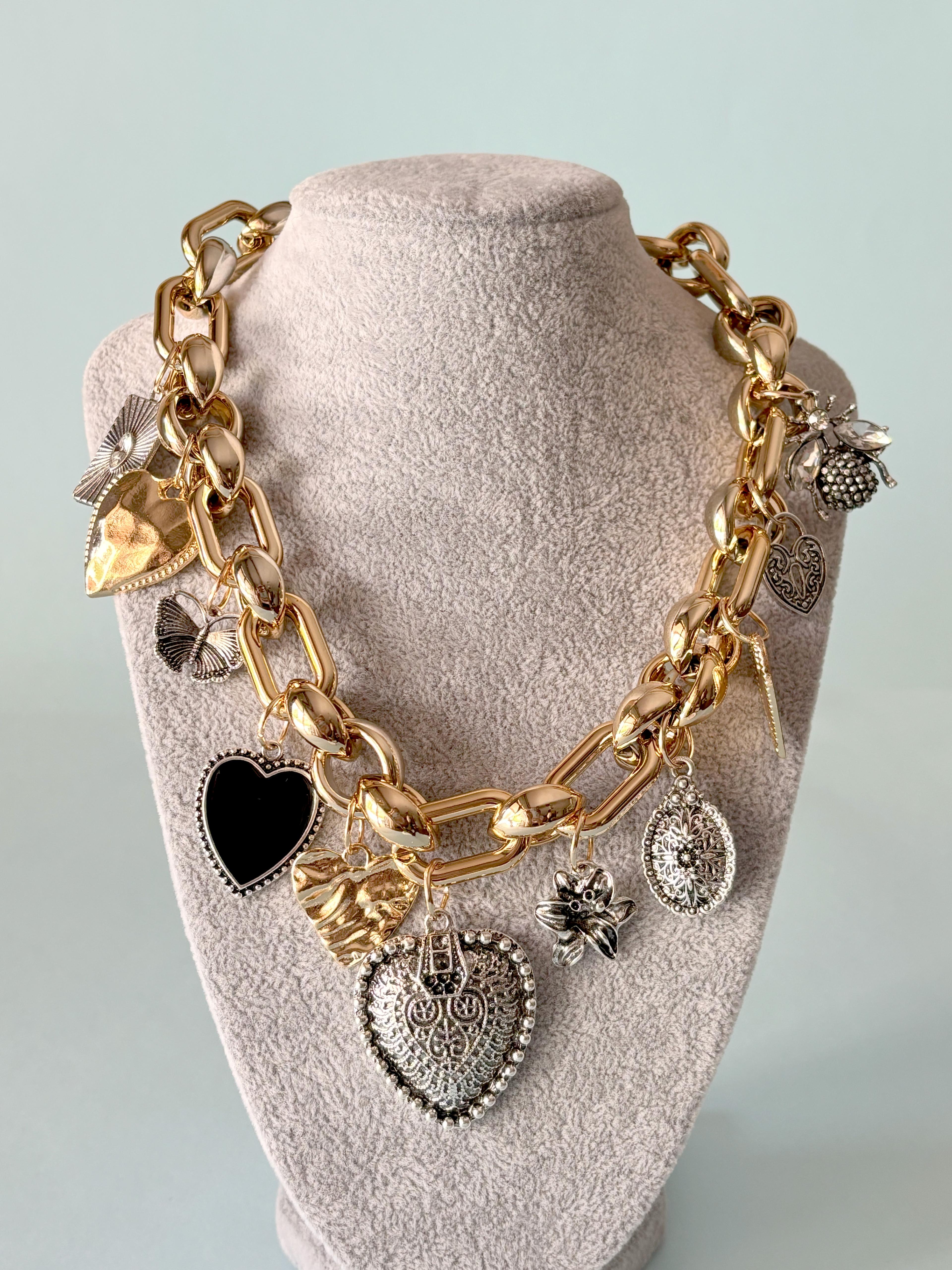 Kalp Charm Detaylı Gold Silver Vintage Kolye
