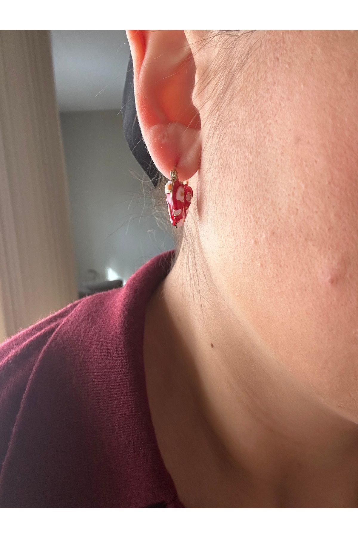 Mini Kırmızı Kalp Üzeri Leopar Desen Klipsli Küpe