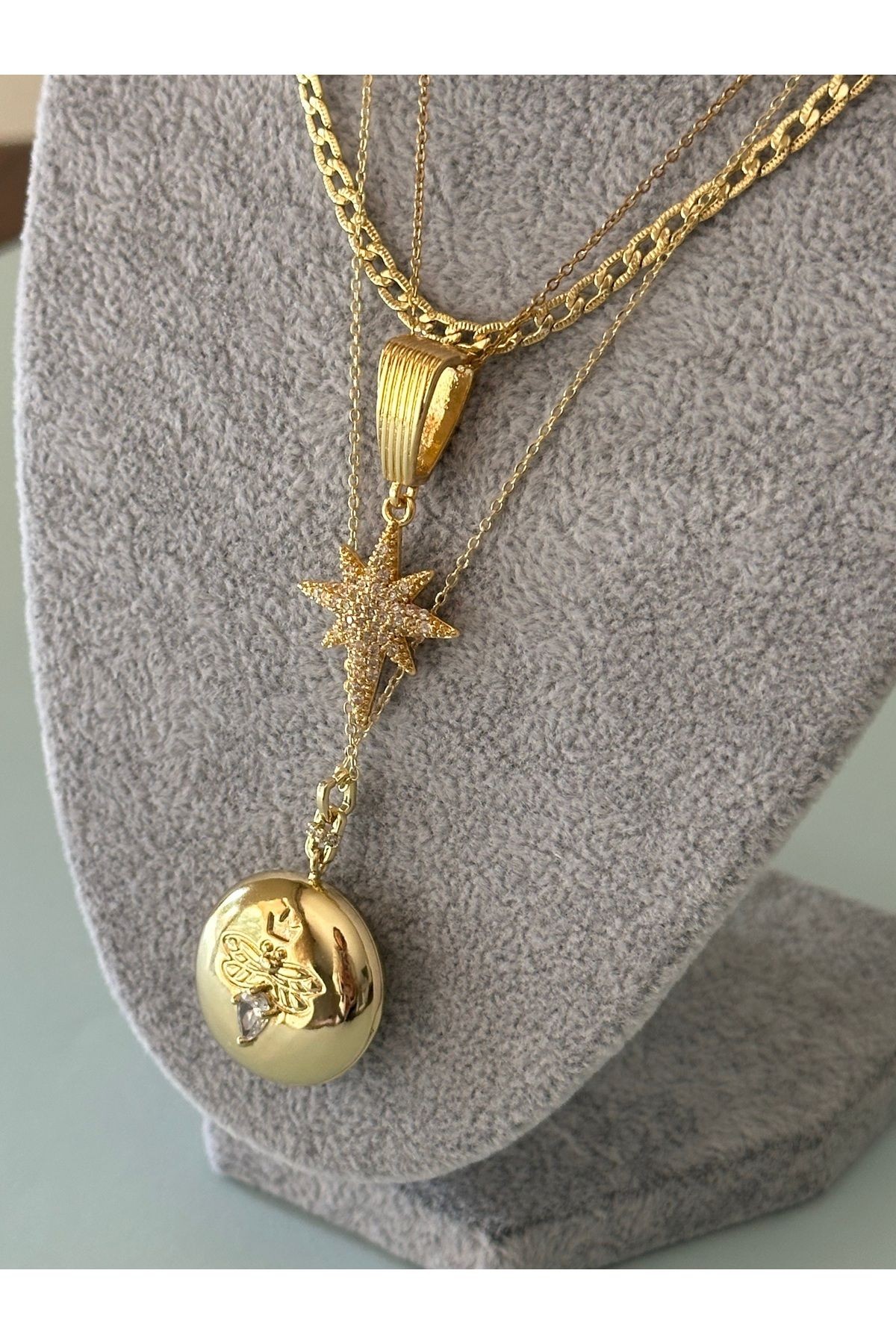 Çelik Zirkon Taşlı Detaylı Kuzey Yıldızı Gold Kolye (46 cm)