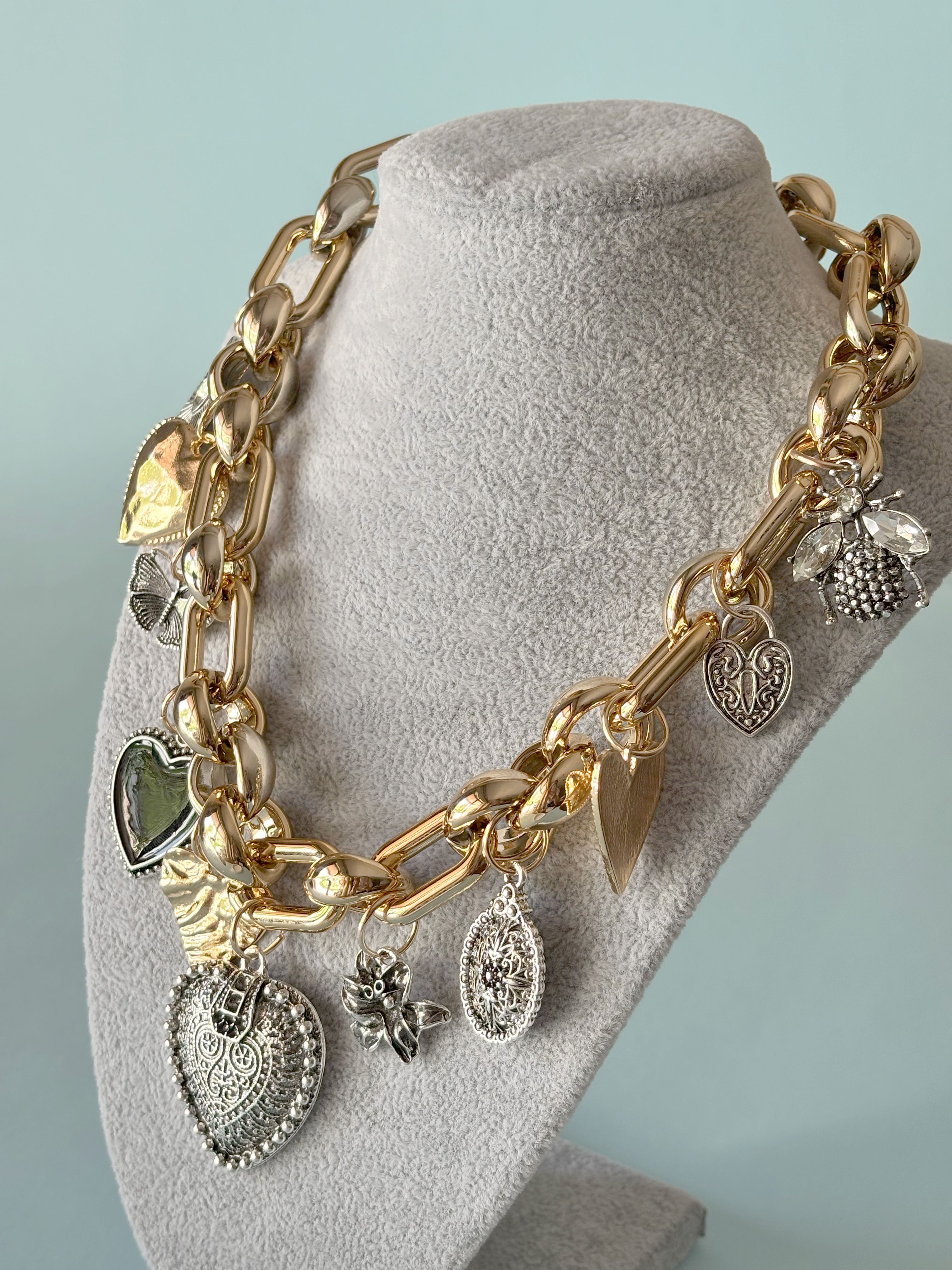 Kalp Charm Detaylı Gold Silver Vintage Kolye