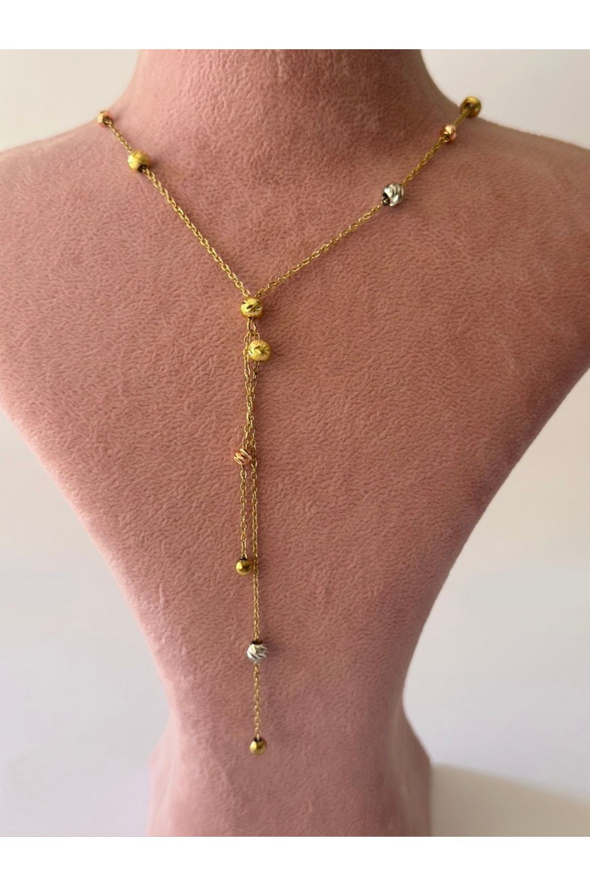 Gold Silver Ve Bronz Top Detaylı Çelik Kolye