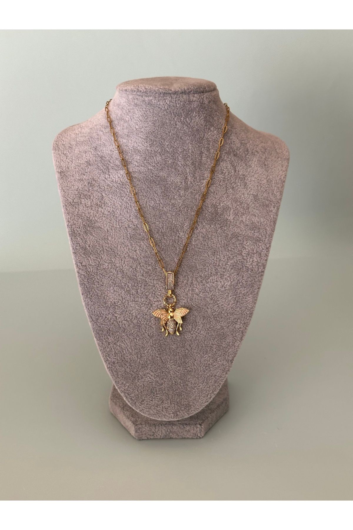 Çelik Arı Üzeri Zirkon Taşlı Gold Kolye (56 cm)