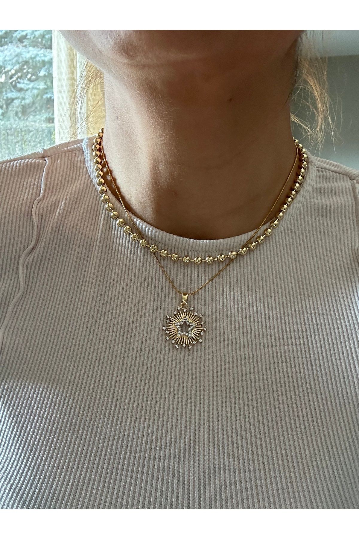 Gold Zirkon Taş Detaylı Yıldız Çelik Kolye
