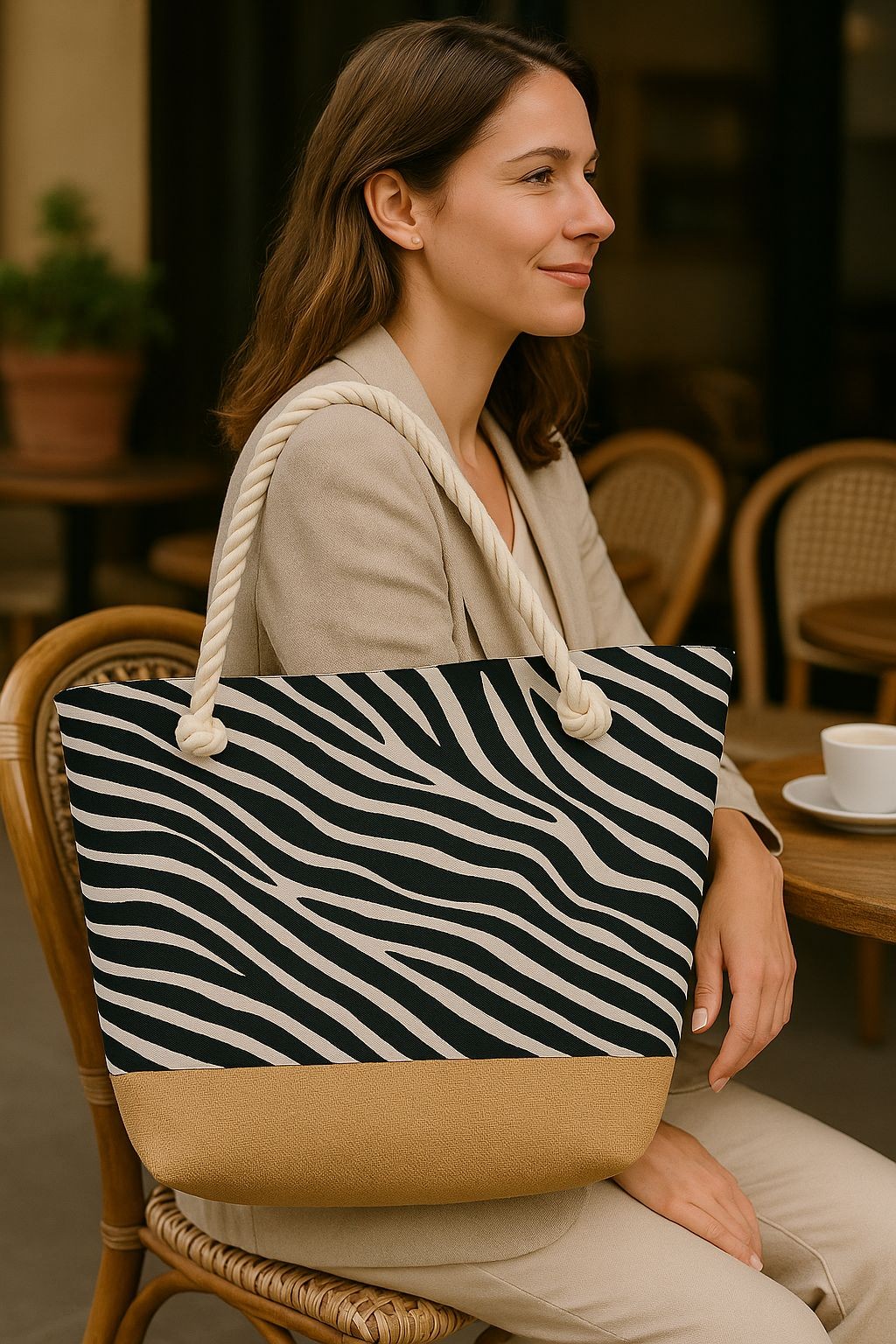 Siyah Beyaz Zebra Desenli Günlük Kullanıma Uygun Hasırlı Bez Çanta