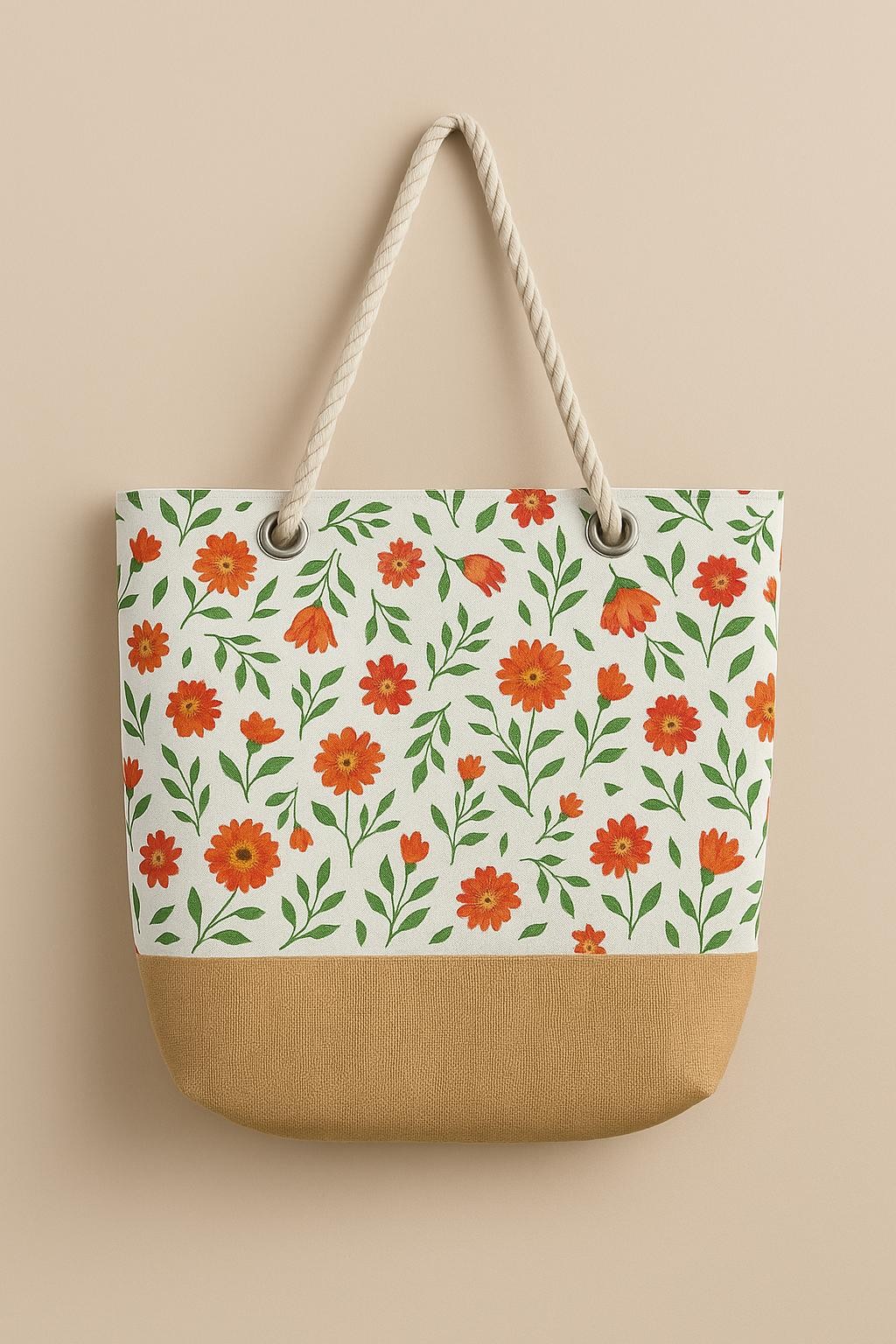 Doğal Hasırlı Canvas Plaj Ve Günlük Bez Çanta Çiçekli