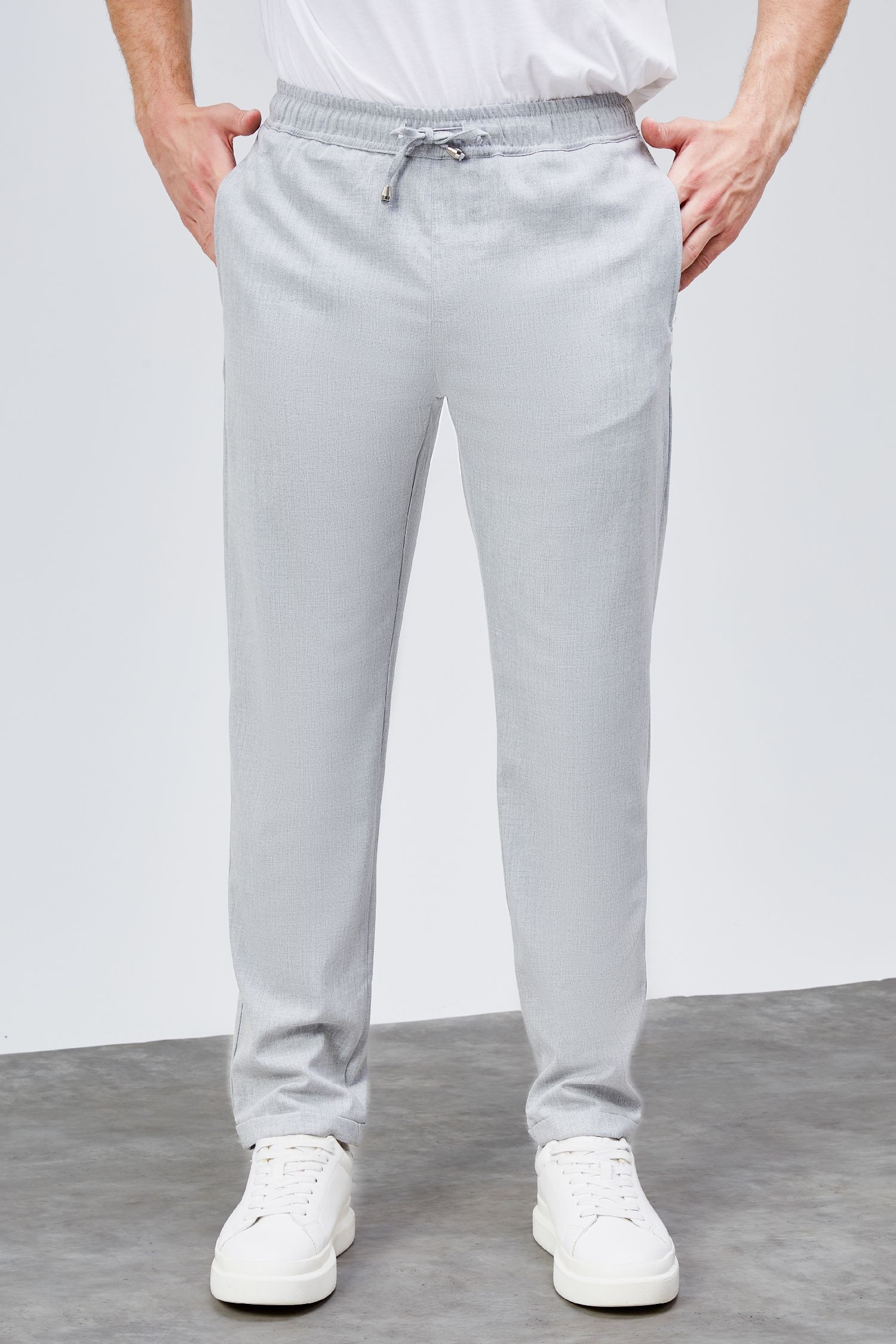 Erkek Gri Relaxed Fit Yandan Cepli Beli Lastikli Bağcıklı Duble Paça Jogger Pantolon BOLT-1998