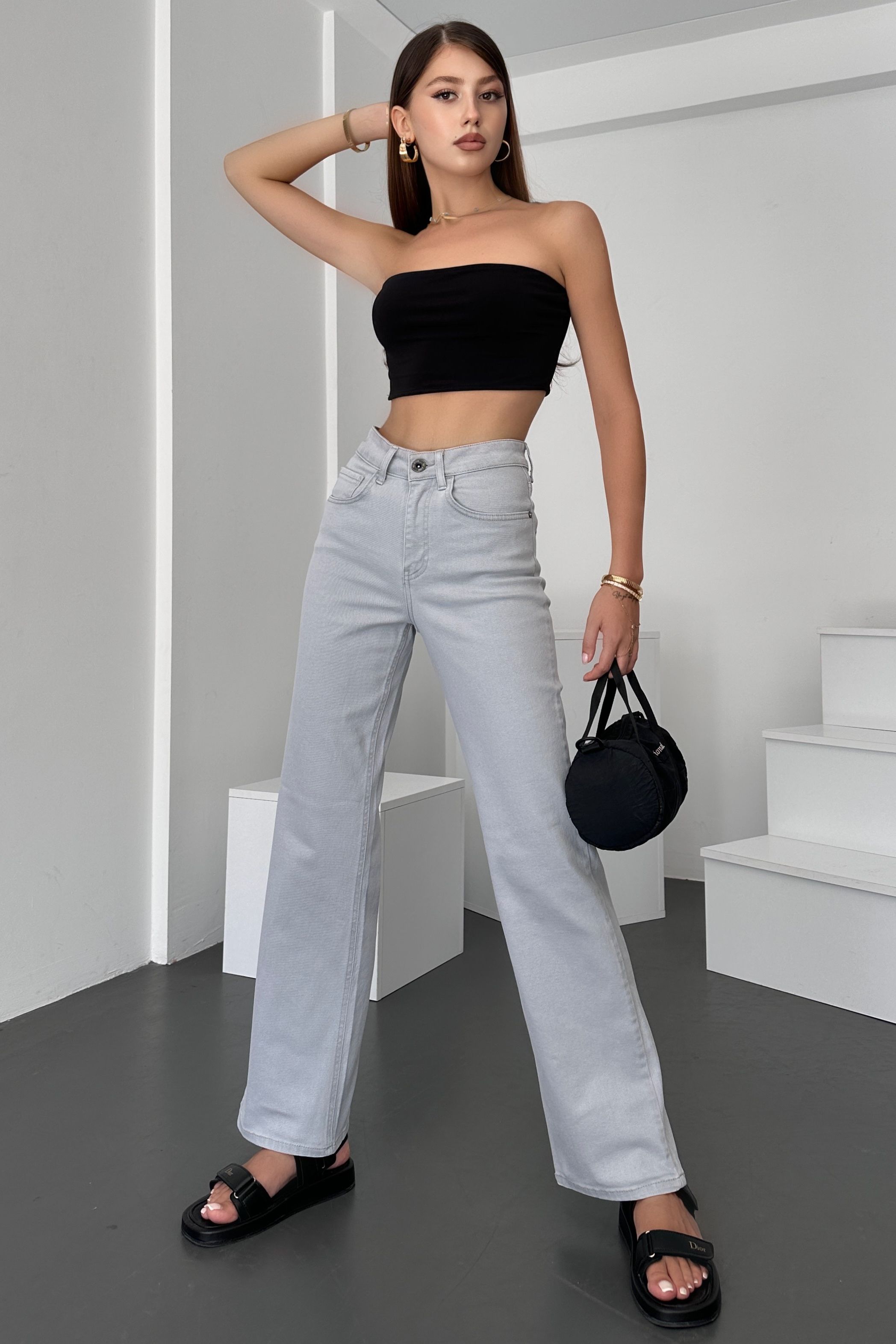 Jessica Wide Leg Likralı Jean Kot Pantolon - Gümüş