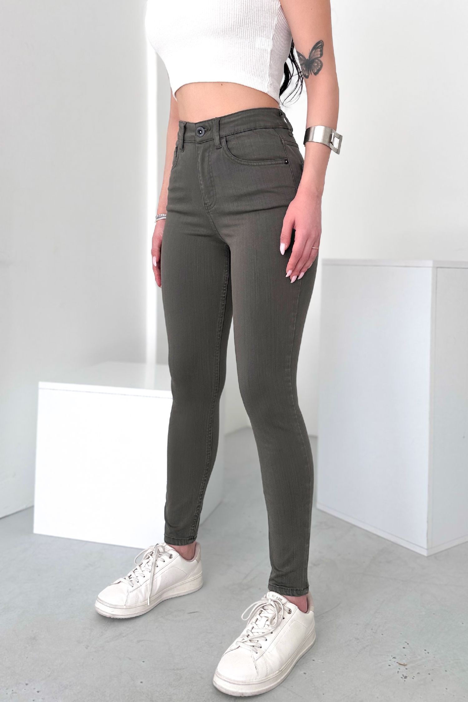 Kadın Açık Haki Süper Skinny Fit Esnek Likralı Yüksek Bel Jean Kot Pantolon JENNİE-2009