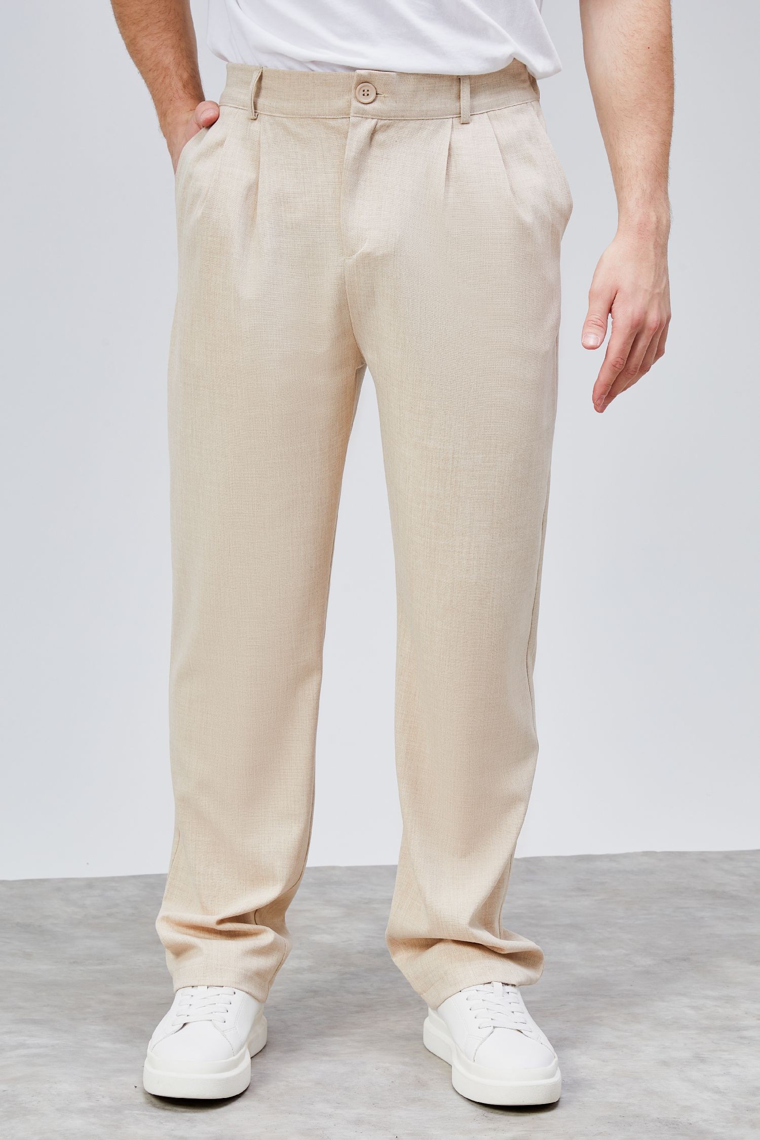 Erkek Bej Çift Pileli Rahat Kesim Beli Lastikli Bol Paça Baggy Pantolon ALBERT-1991