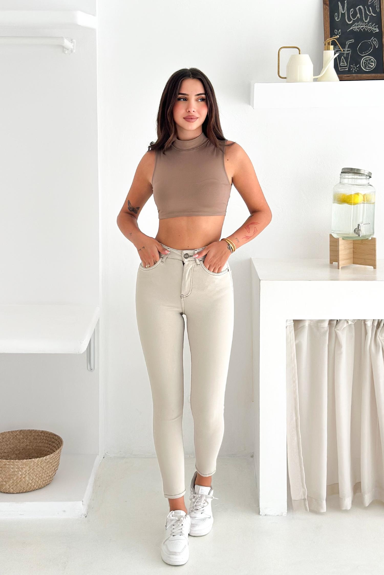 Kadın Taş Renk Süper Skinny Fit Koyu İplik Detaylı Esnek Likralı Yüksek Bel Jean Kot Pan JENNİE-2008