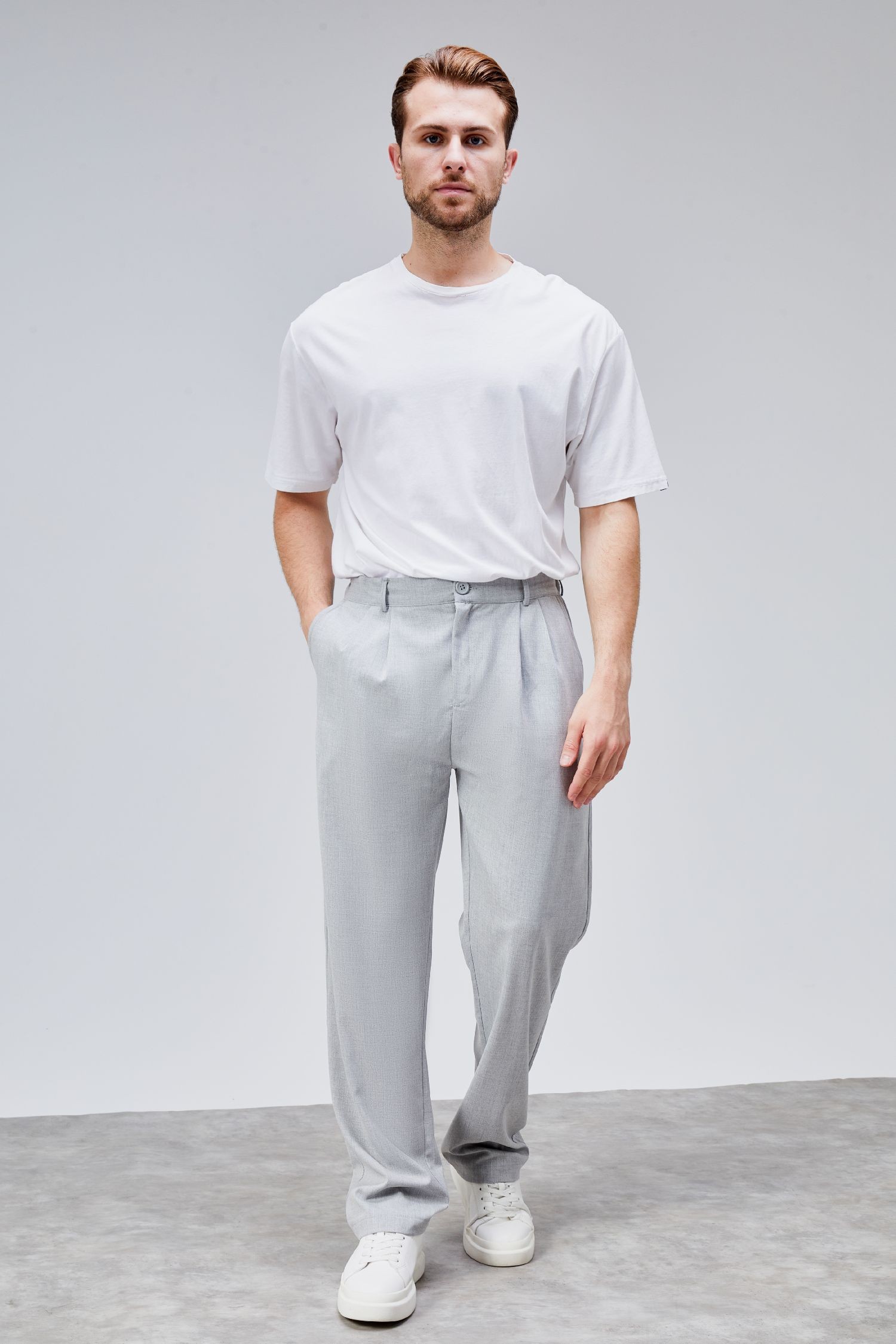 Erkek Gri Çift Pileli Rahat Kesim Beli Lastikli Bol Paça Baggy Pantolon ALBERT-1990