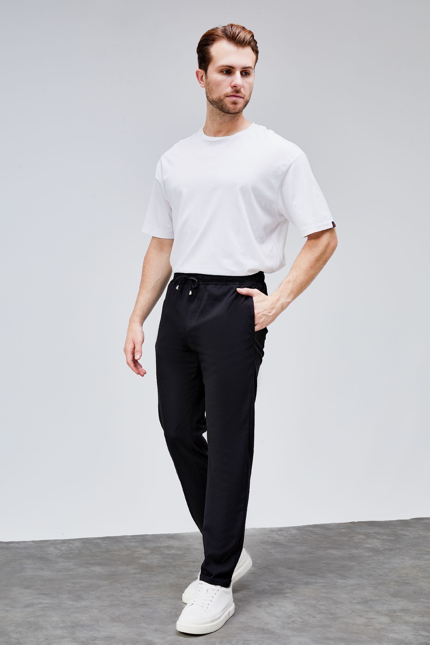 Erkek Siyah Relaxed Fit Yandan Cepli Beli Lastikli Bağcıklı Duble Paça Jogger Pantolon BOLT-1996