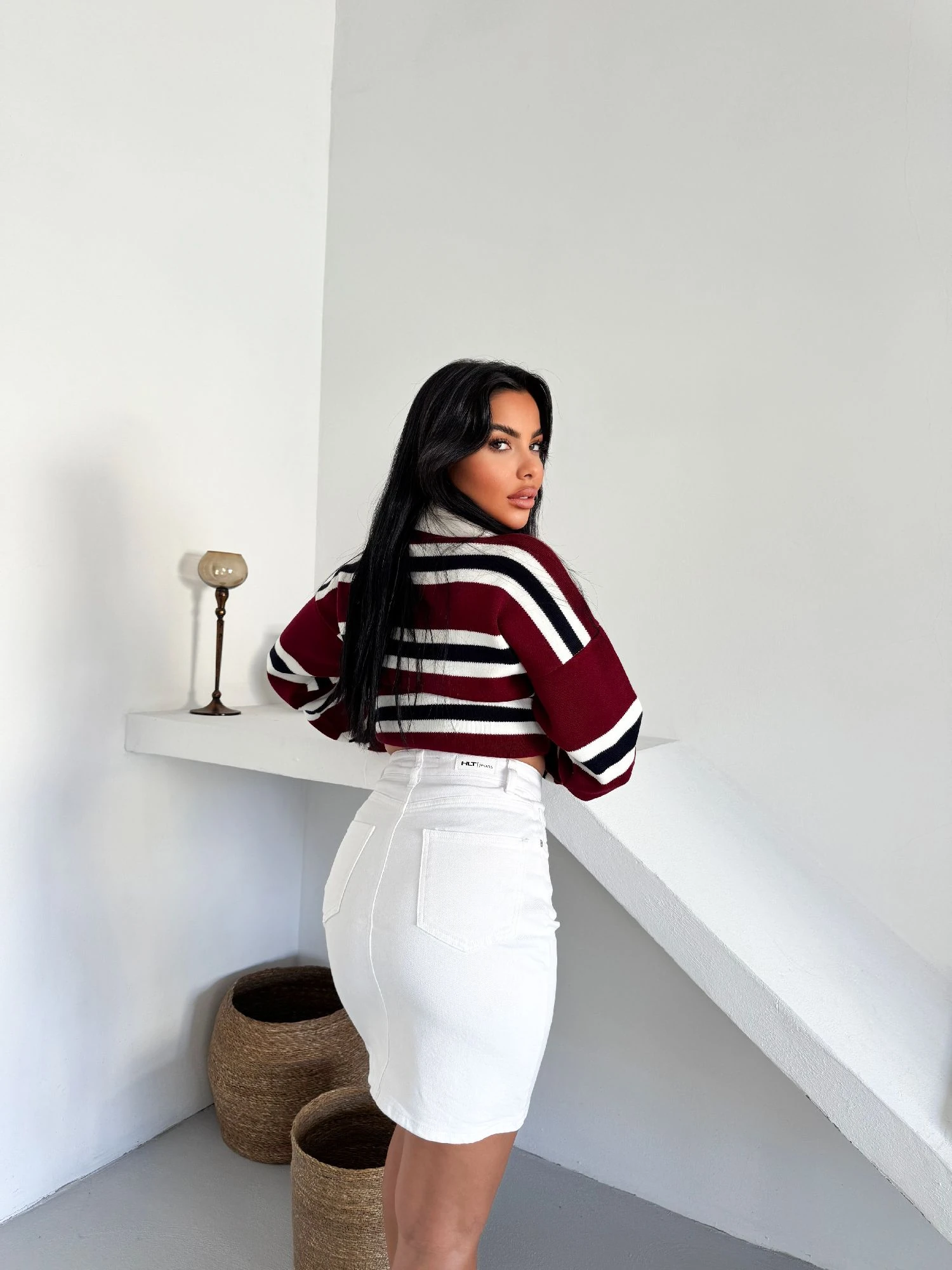 Beyaz Kadın Regular Fit Yüksek Bel Orta Boy Denim Kot Etek ALİCE-4001