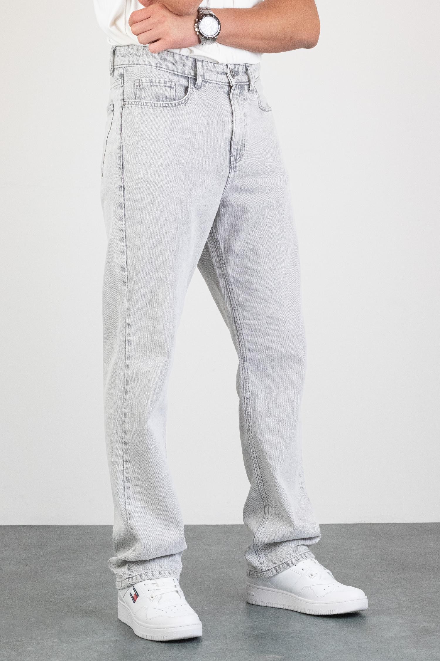 Erkek Açık Gri Straight Baggy Fit Likrasız Rahat Kesim %100 Pamuk Loose Jean Pantolon OLİVER