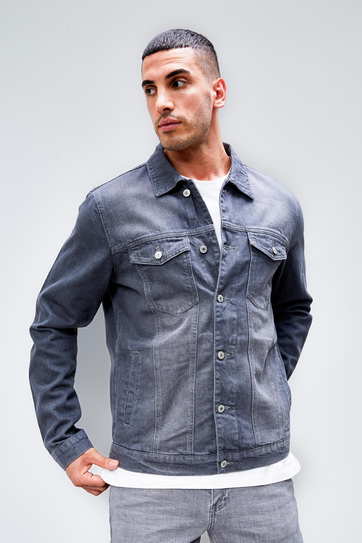 Erkek Gri Jean Denim Standart Kalıp %100 Pamuk Cepli Düğmeli Kot Ceket HLTHE042153