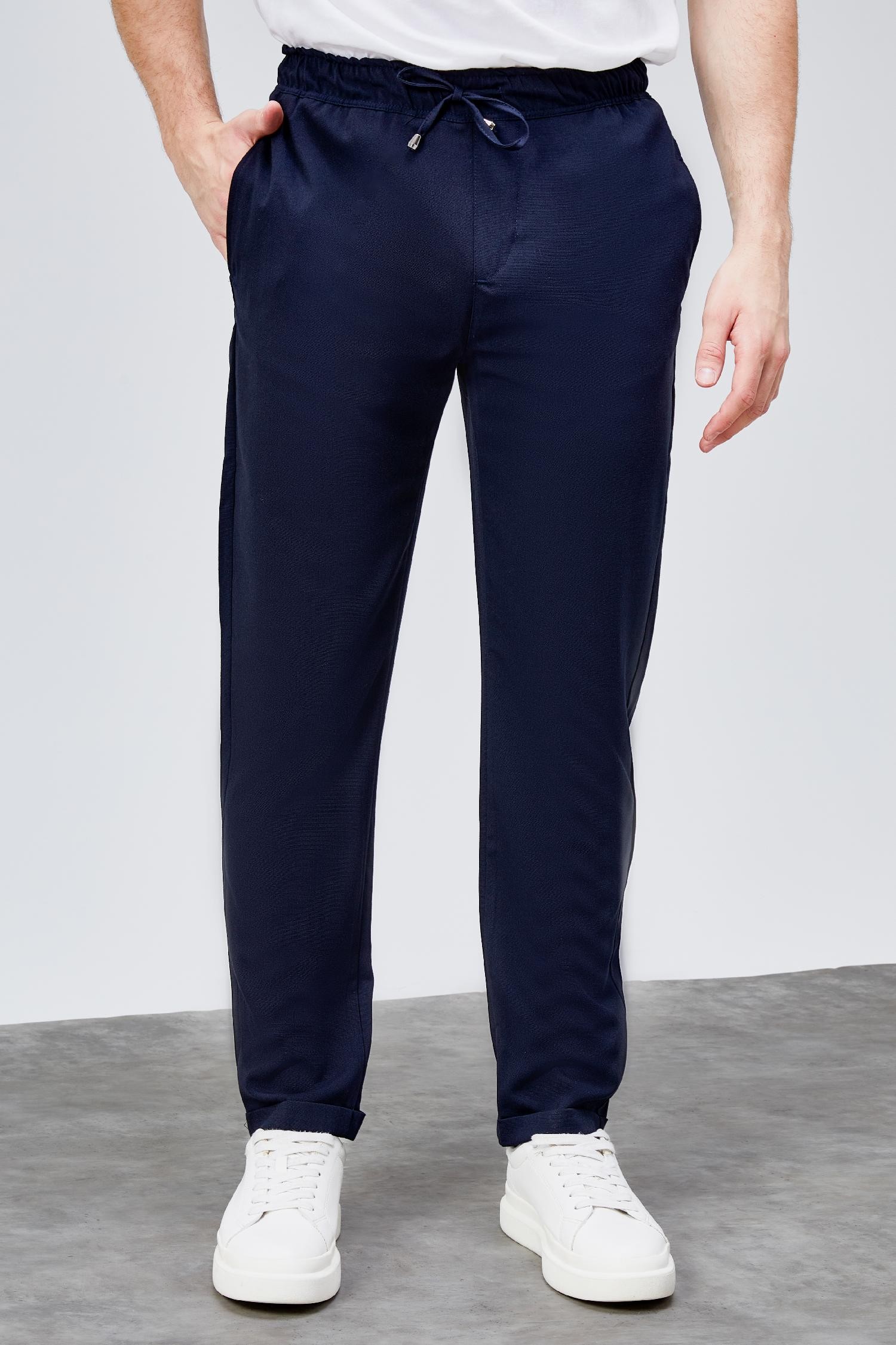 Erkek Lacivert Relaxed Fit Yandan Cepli Beli Lastikli Bağcıklı Duble Paça Jogger Pantolon BOLT-1997