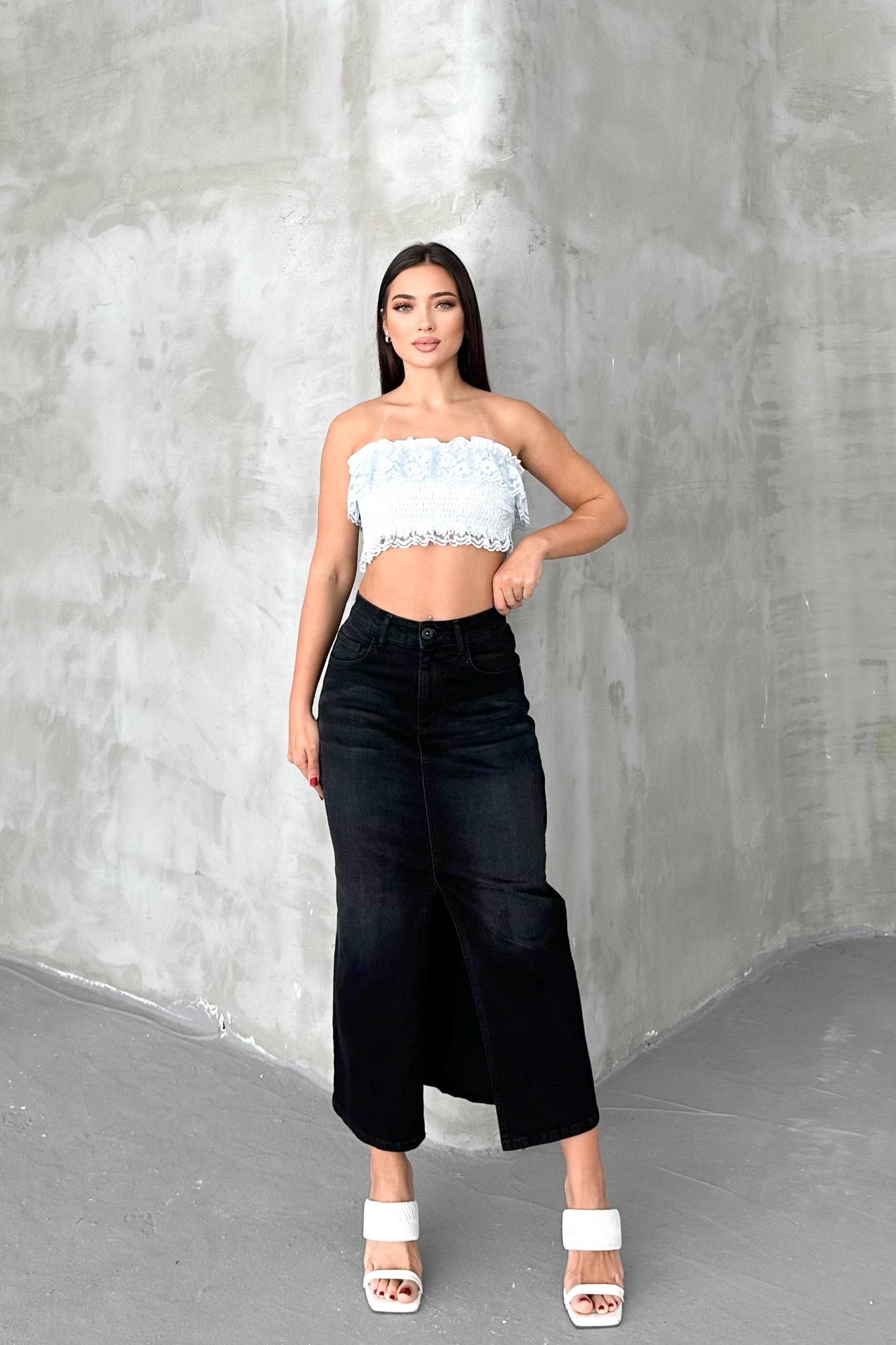 Siyah Kadın Regular Fit Yüksek Bel Uzun Maxi Boy Denim Kot Etek MERRY-4098