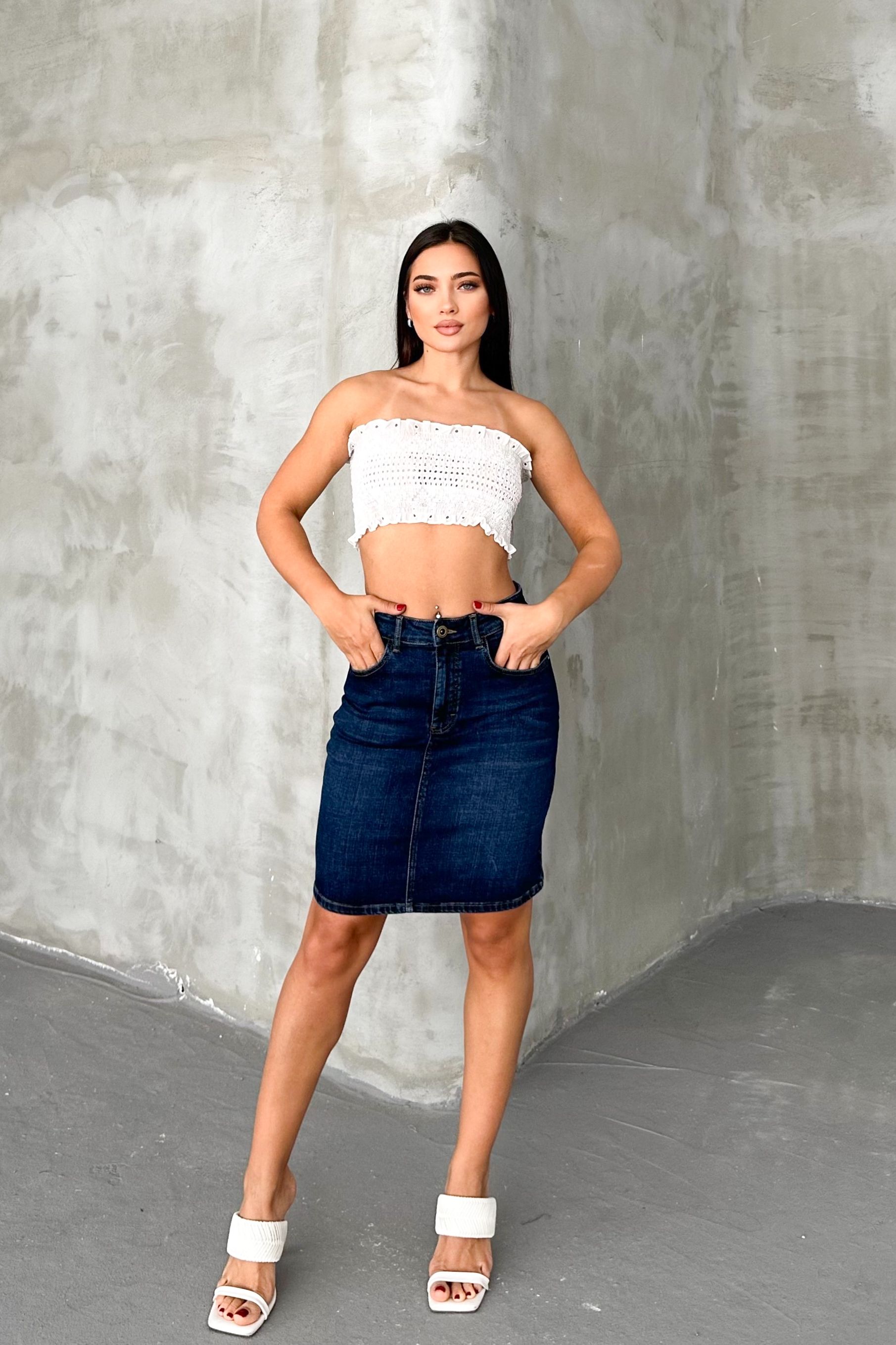 Koyu Mavi Kadın Regular Fit Yüksek Bel Orta Boy Denim Kot Etek ALİCE-4006