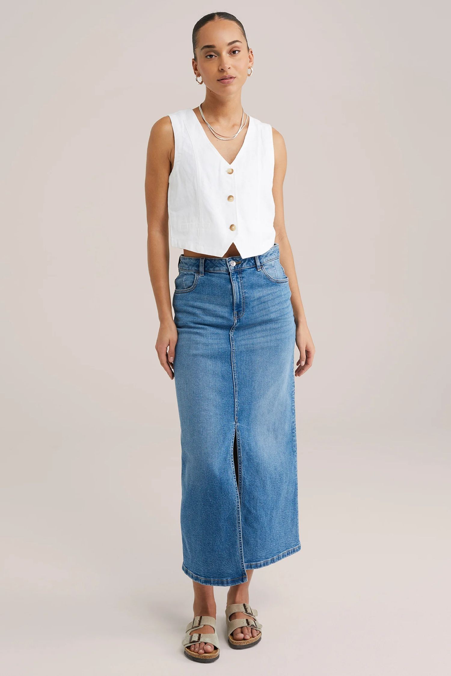 Açık Mavi Kadın Regular Fit Yüksek Bel Uzun Maxi Boy Denim Kot Etek MERRY-4092