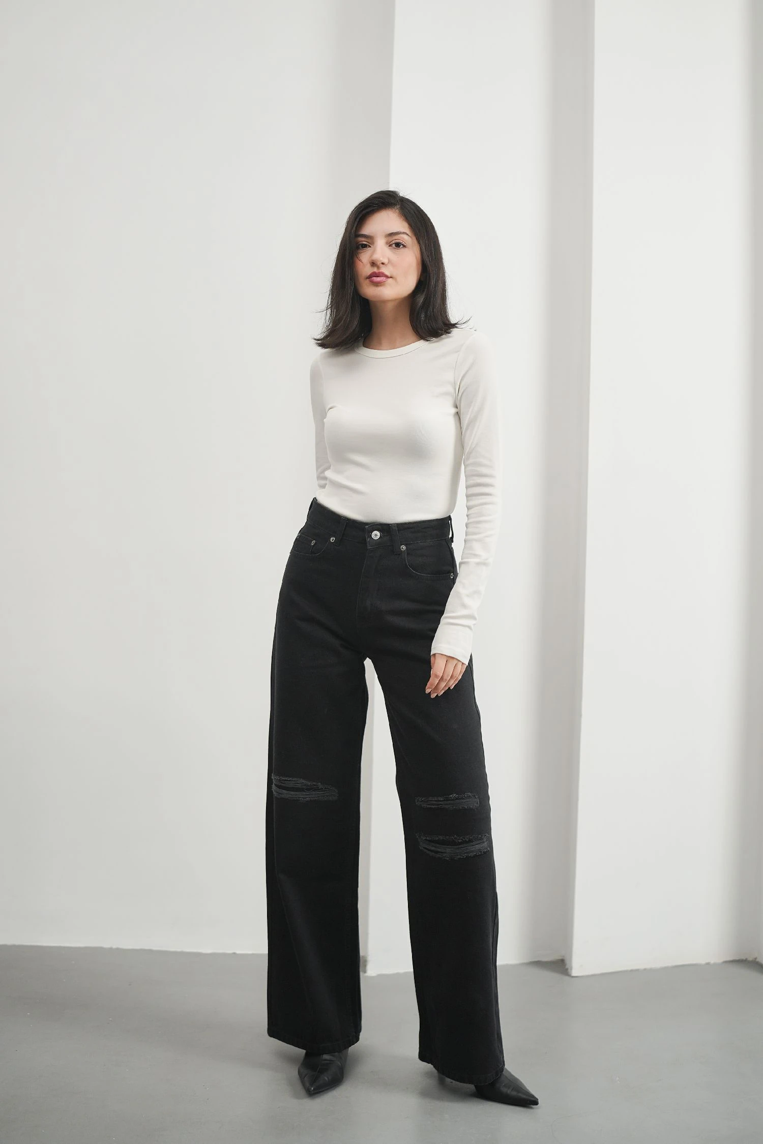 Siyah Kadın Yırtıklı Wide Leg Jean Yüksek Bel Palazzo Likrasız Pamuklu Kot Pantolon JESSİCA-2038