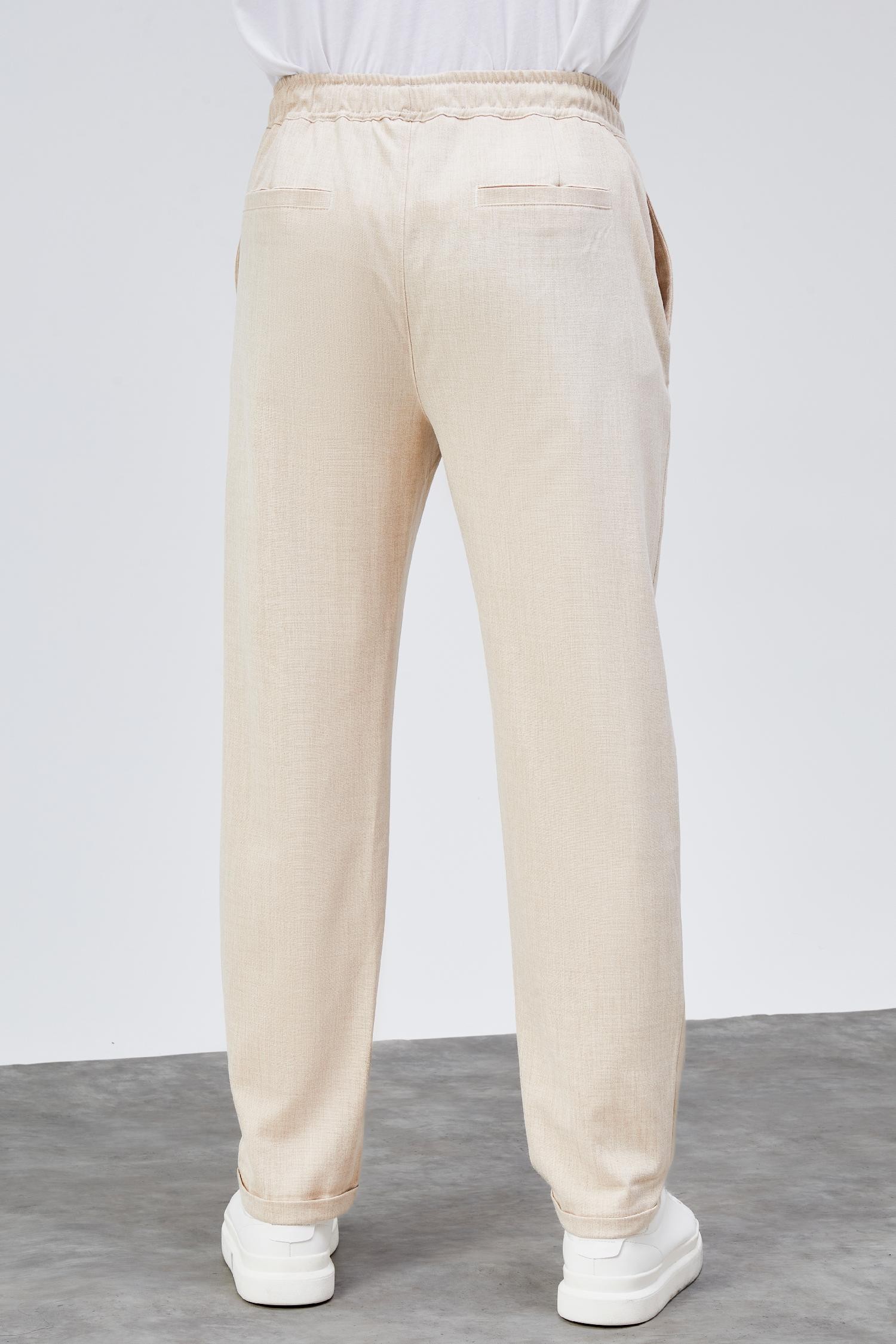 Erkek Bej Relaxed Fit Yandan Cepli Beli Lastikli Bağcıklı Duble Paça Jogger Pantolon BOLT-1999