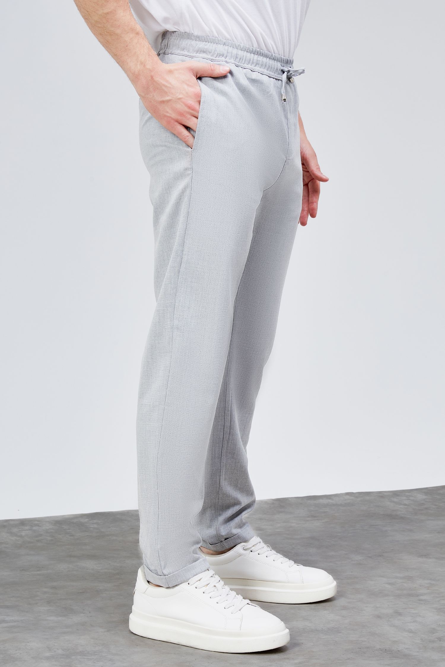 Erkek Gri Relaxed Fit Yandan Cepli Beli Lastikli Bağcıklı Duble Paça Jogger Pantolon BOLT-1998