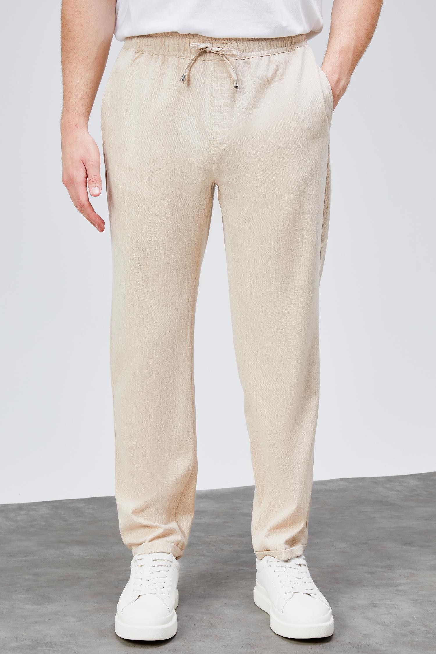Erkek Bej Relaxed Fit Yandan Cepli Beli Lastikli Bağcıklı Duble Paça Jogger Pantolon BOLT-1999
