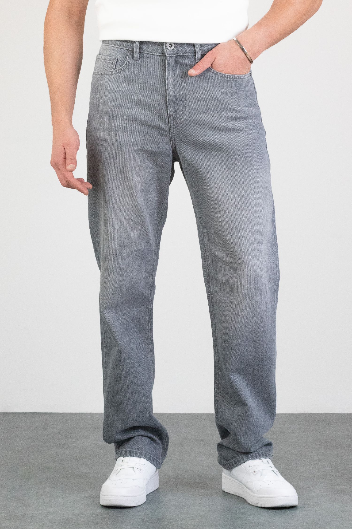 Erkek Gri Straight Baggy Fit Likrasız Rahat Kesim %100 Pamuk Loose Jean Pantolon HECTOR