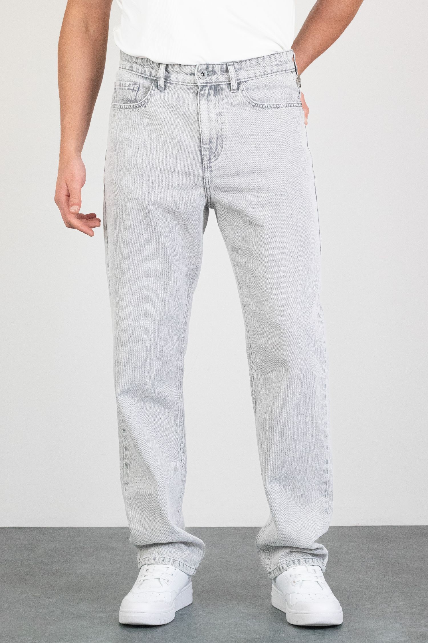 Erkek Açık Gri Straight Baggy Fit Likrasız Rahat Kesim %100 Pamuk Loose Jean Pantolon OLİVER