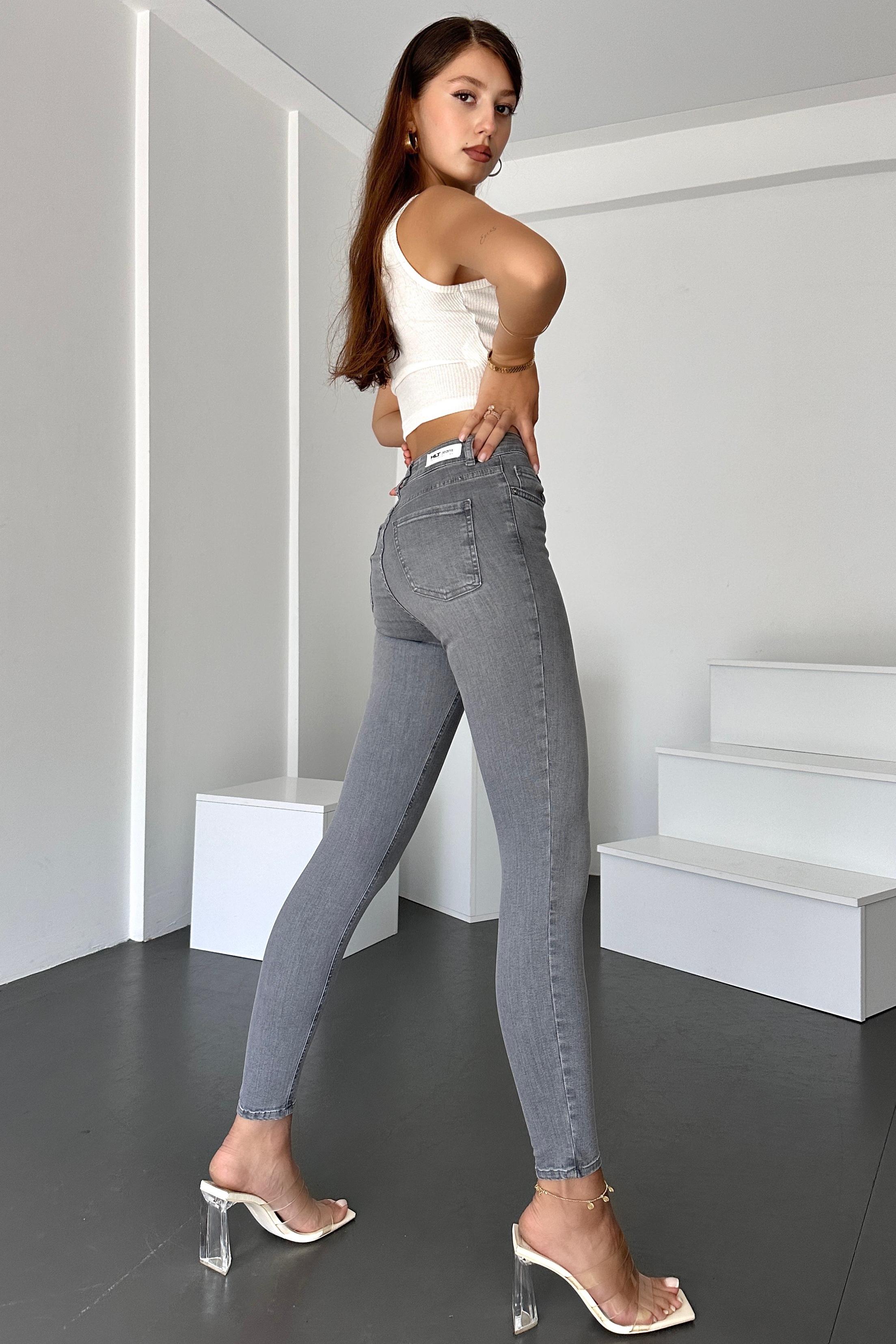 Kadın Gri Skinny Fit Jean Yüksek Bel Likralı Esnek Kot Pantolon JENNİE-GRİ