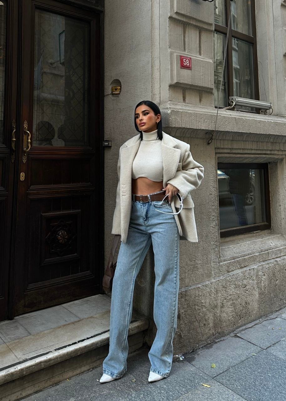 Jessica Wide Leg Likralı Jean Kot Pantolon - Mavi Kar Yıkama