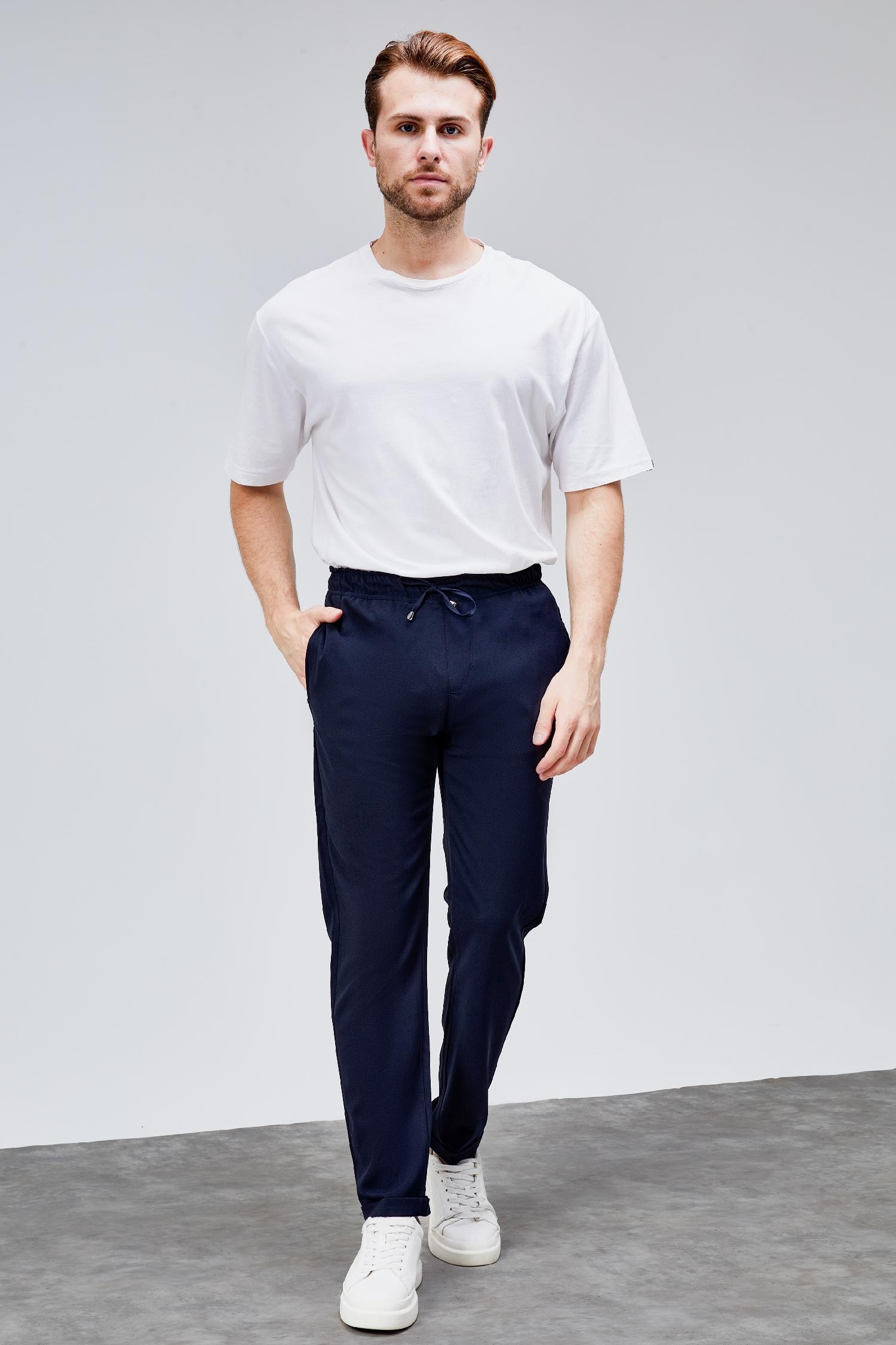 Erkek Lacivert Relaxed Fit Yandan Cepli Beli Lastikli Bağcıklı Duble Paça Jogger Pantolon BOLT-1997