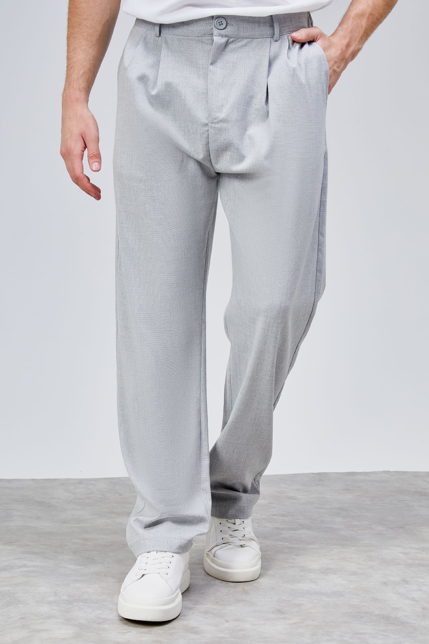 Erkek Gri Çift Pileli Rahat Kesim Beli Lastikli Bol Paça Baggy Pantolon ALBERT-1990