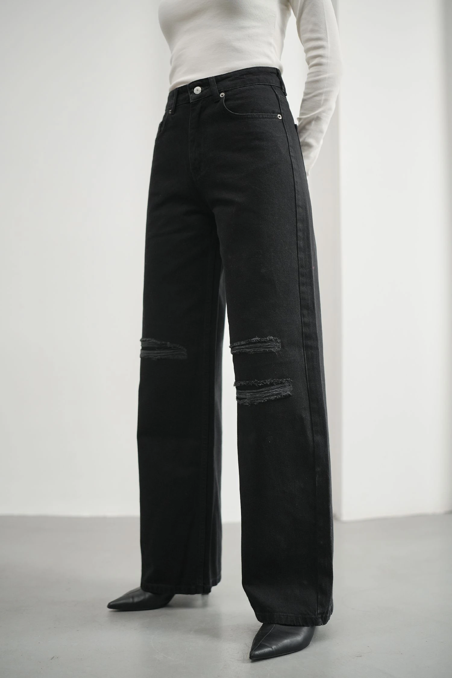 Siyah Kadın Yırtıklı Wide Leg Jean Yüksek Bel Palazzo Likrasız Pamuklu Kot Pantolon JESSİCA-2038