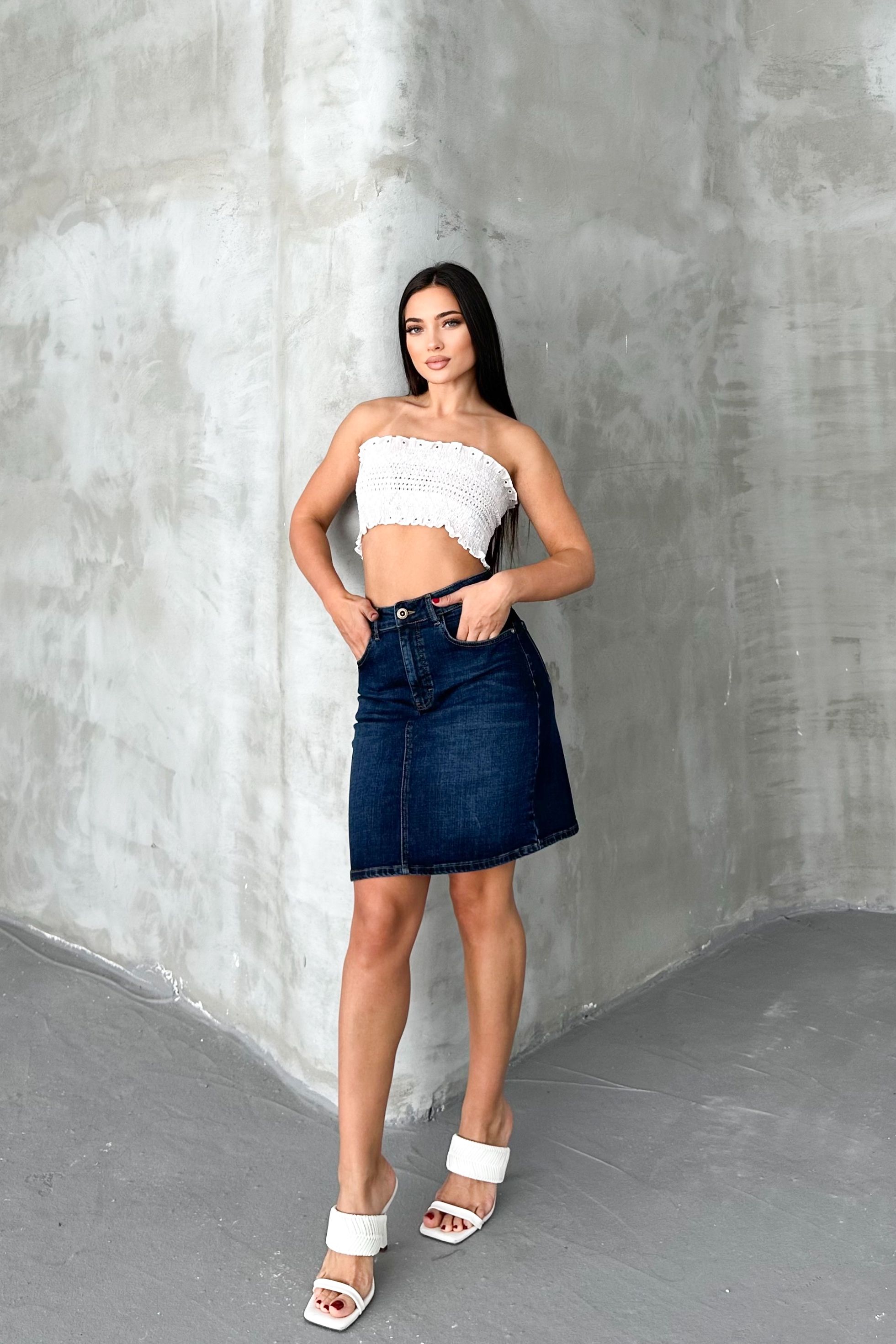 Koyu Mavi Kadın Regular Fit Yüksek Bel Orta Boy Denim Kot Etek ALİCE-4006